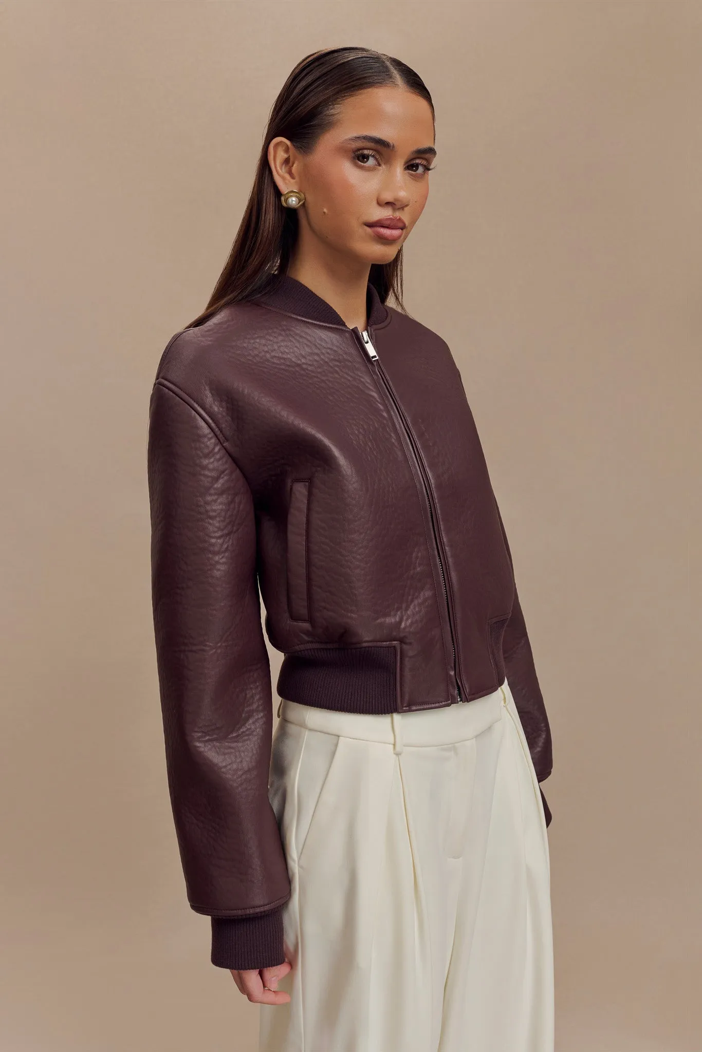 Codi Faux Leather Bomber Jacket - Merlot sold by Meshki product image thumbnail 2