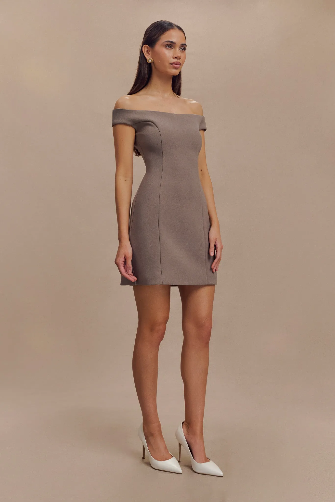 Cassidy Crepe Off Shoulder Mini Dress - Smoke sold by Meshki product image thumbnail 4