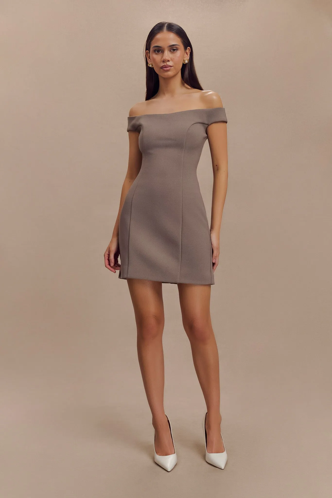 Cassidy Crepe Off Shoulder Mini Dress - Smoke sold by Meshki