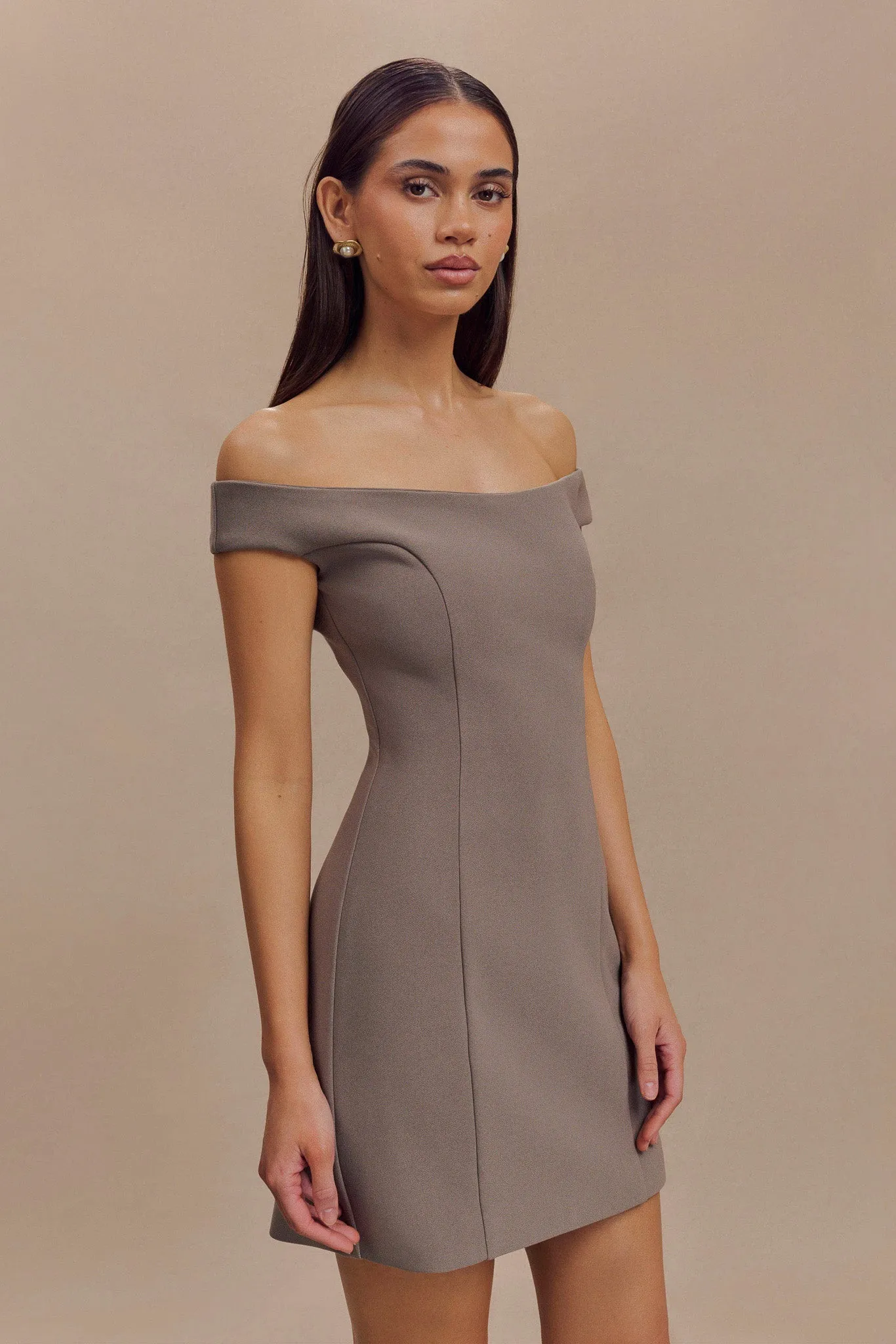 Cassidy Crepe Off Shoulder Mini Dress - Smoke sold by Meshki product image thumbnail 5