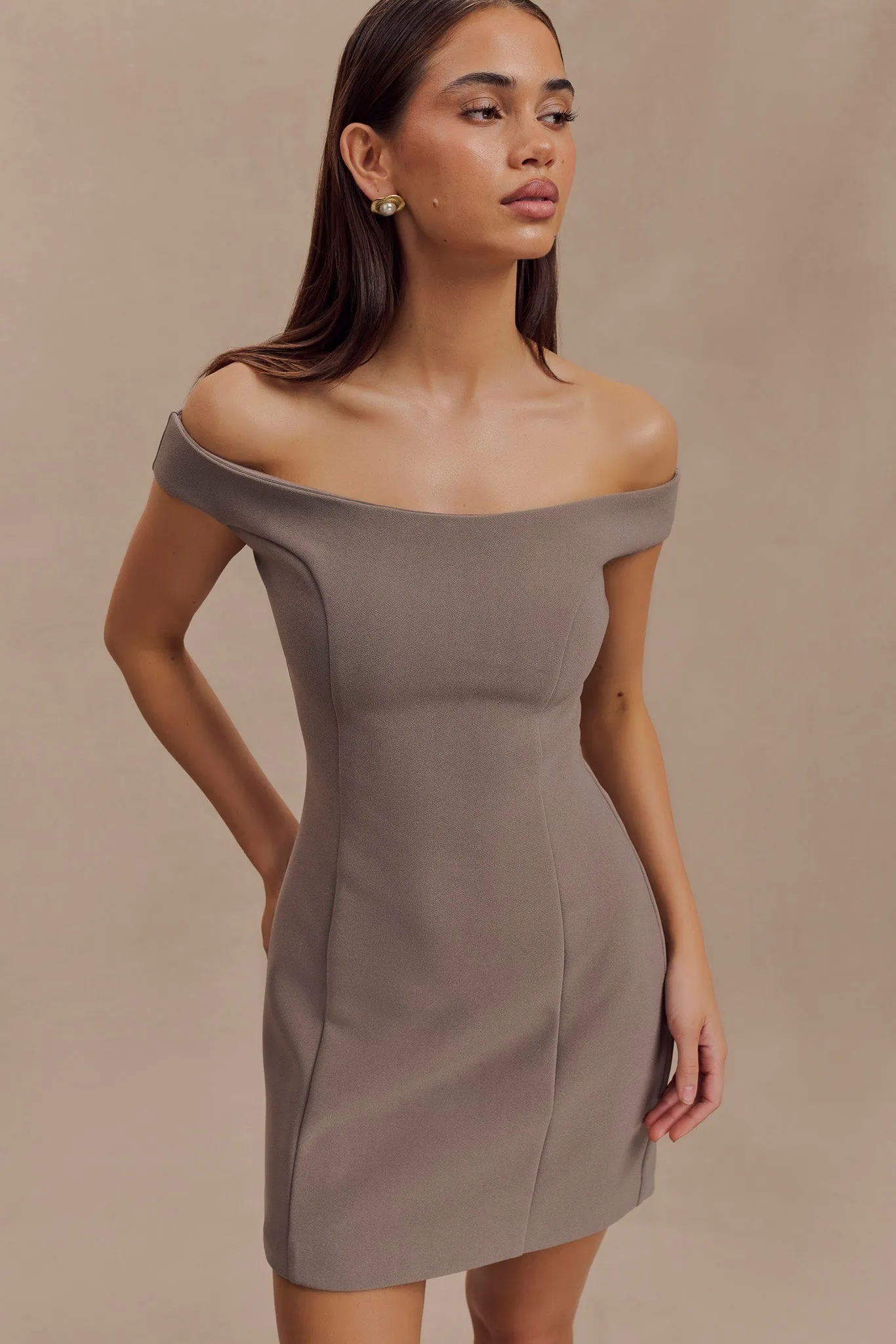 Cassidy Crepe Off Shoulder Mini Dress - Smoke sold by Meshki product image thumbnail 3