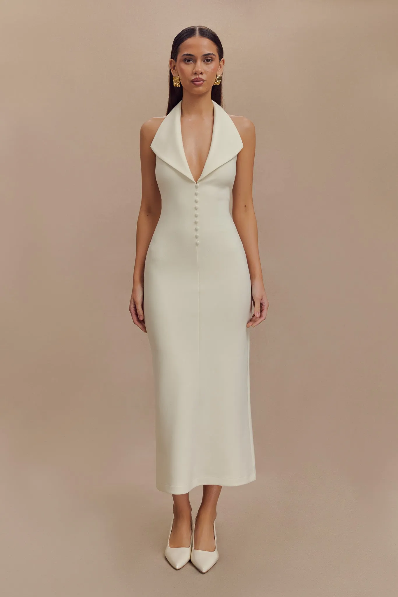 Annita Crepe Halter Midi Dress - Ivory sold by Meshki