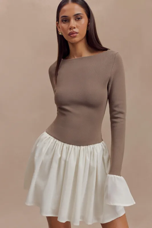 Sansa Knit And Linen Mini Dress - Smoke & Ivory sold by Meshki