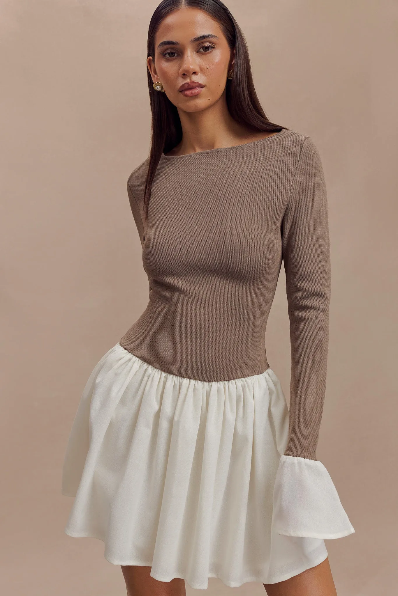 Sansa Knit And Linen Mini Dress - Smoke & Ivory sold by Meshki