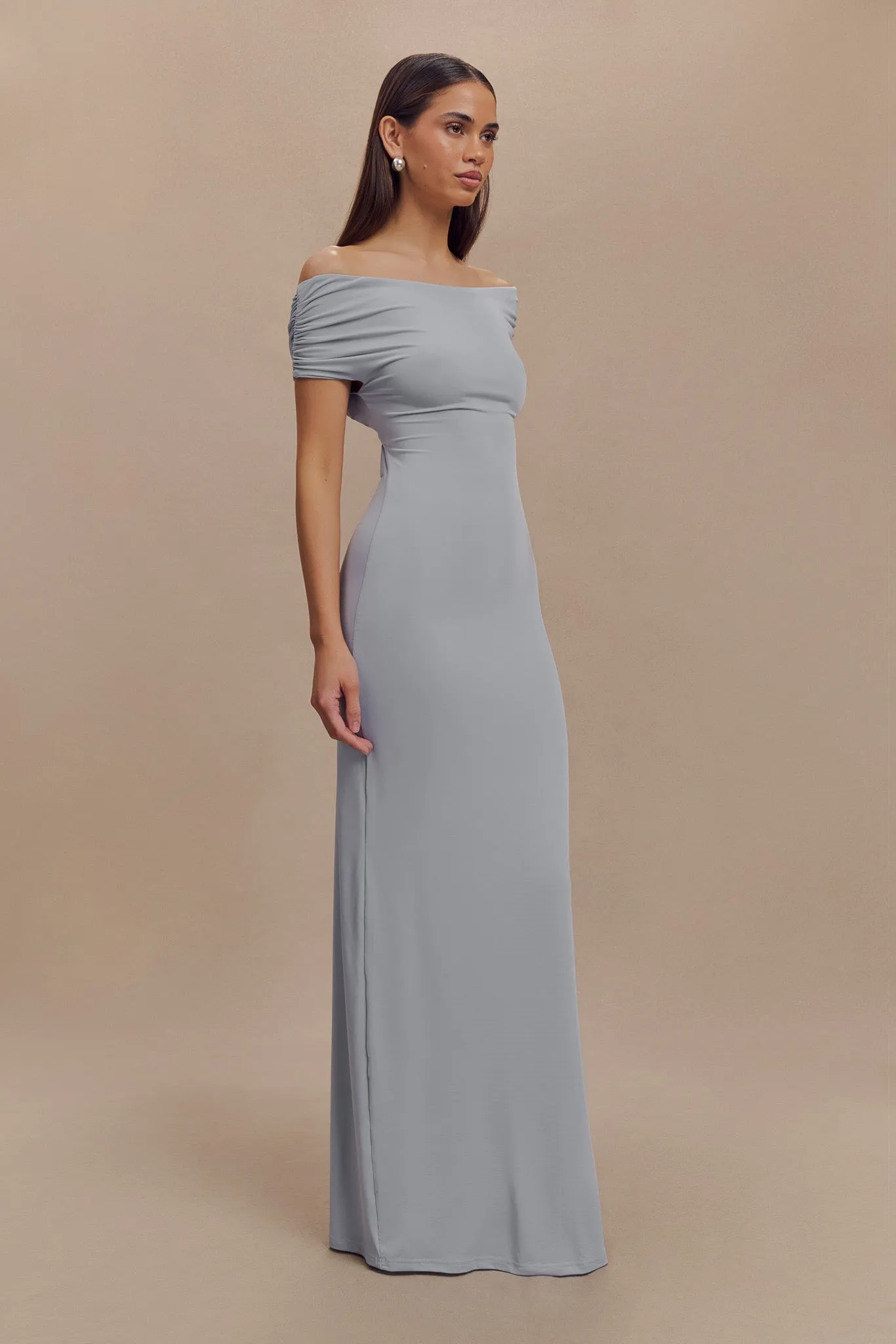 Imogen Off Shoulder Slinky Maxi Dress - Dusty Blue sold by Meshki product image thumbnail 3