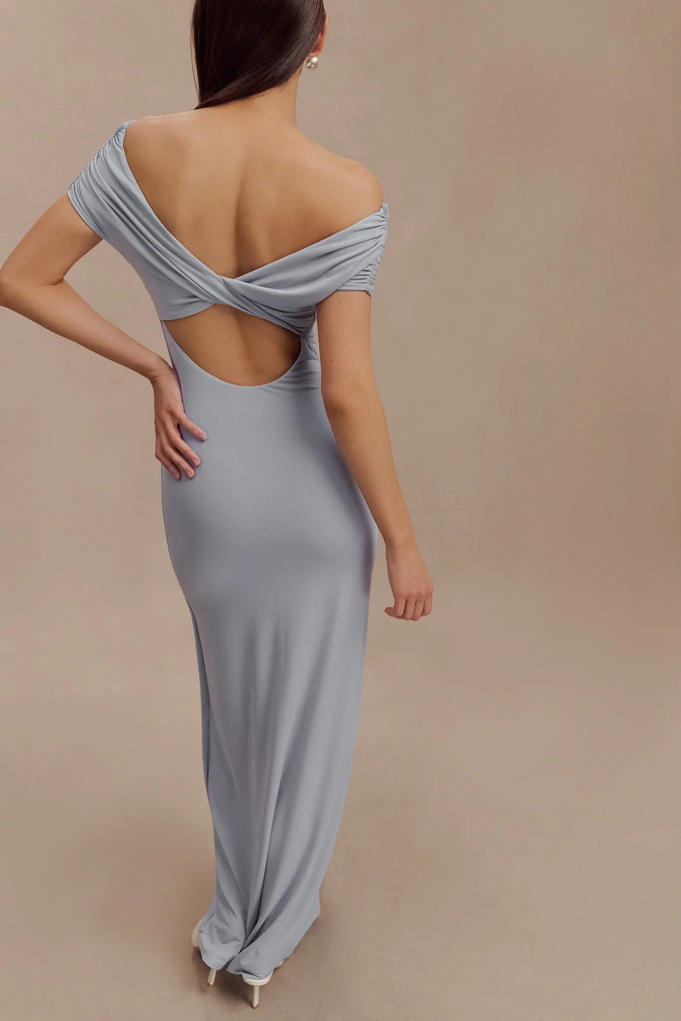 Imogen Off Shoulder Slinky Maxi Dress - Dusty Blue sold by Meshki product image thumbnail 4