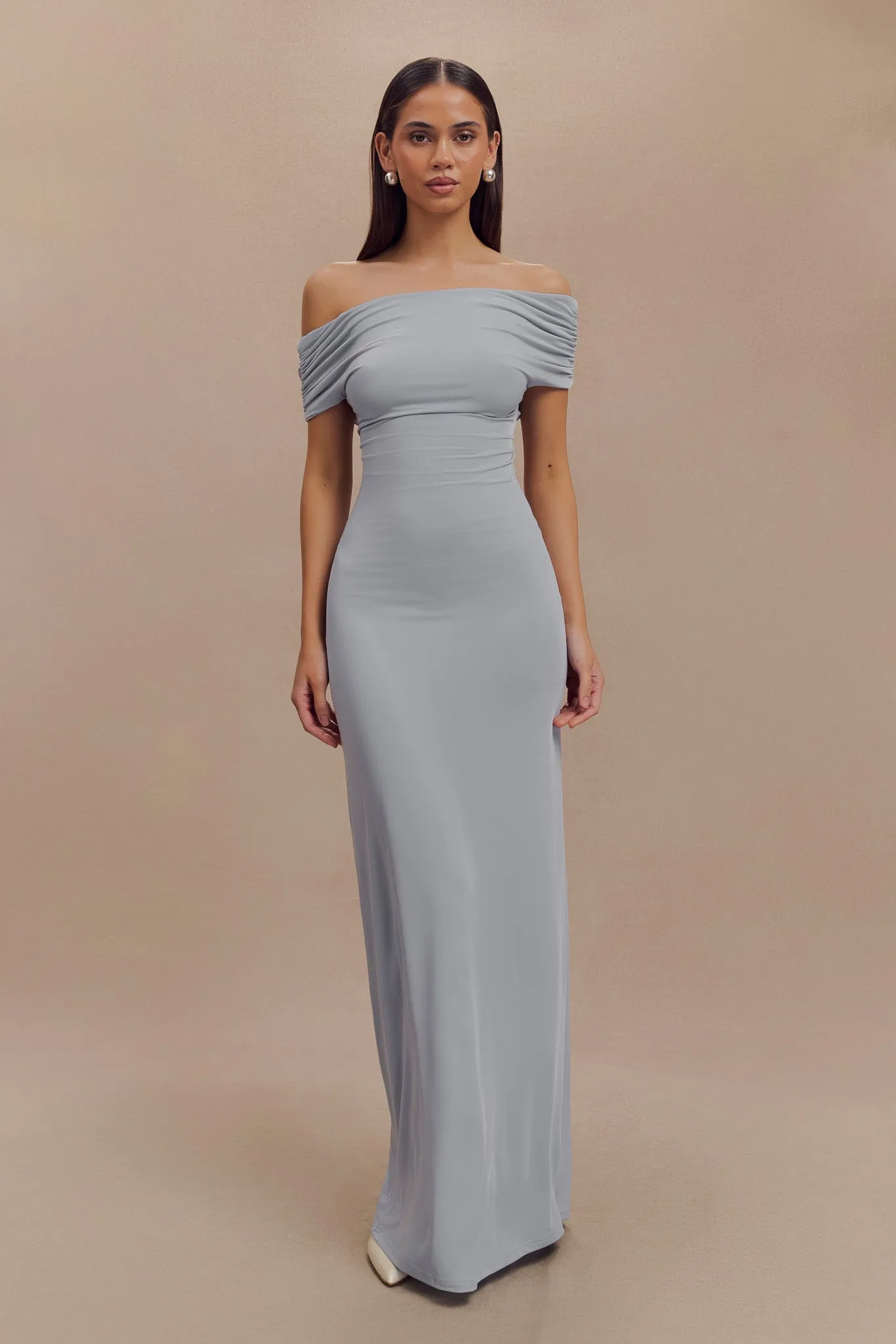 Imogen Off Shoulder Slinky Maxi Dress - Dusty Blue sold by Meshki