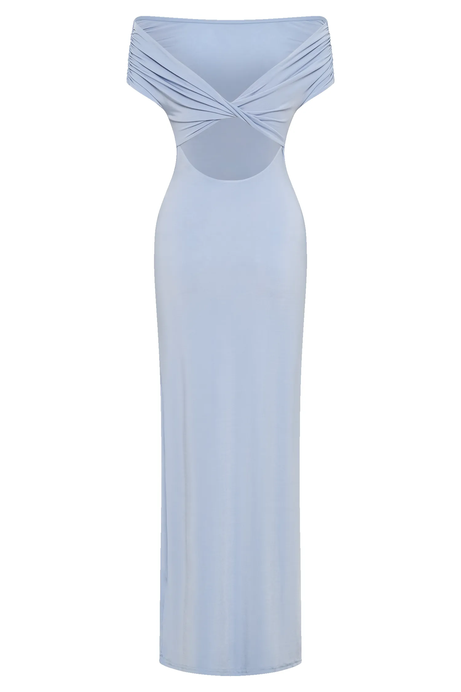Imogen Off Shoulder Slinky Maxi Dress - Dusty Blue sold by Meshki product image thumbnail 5