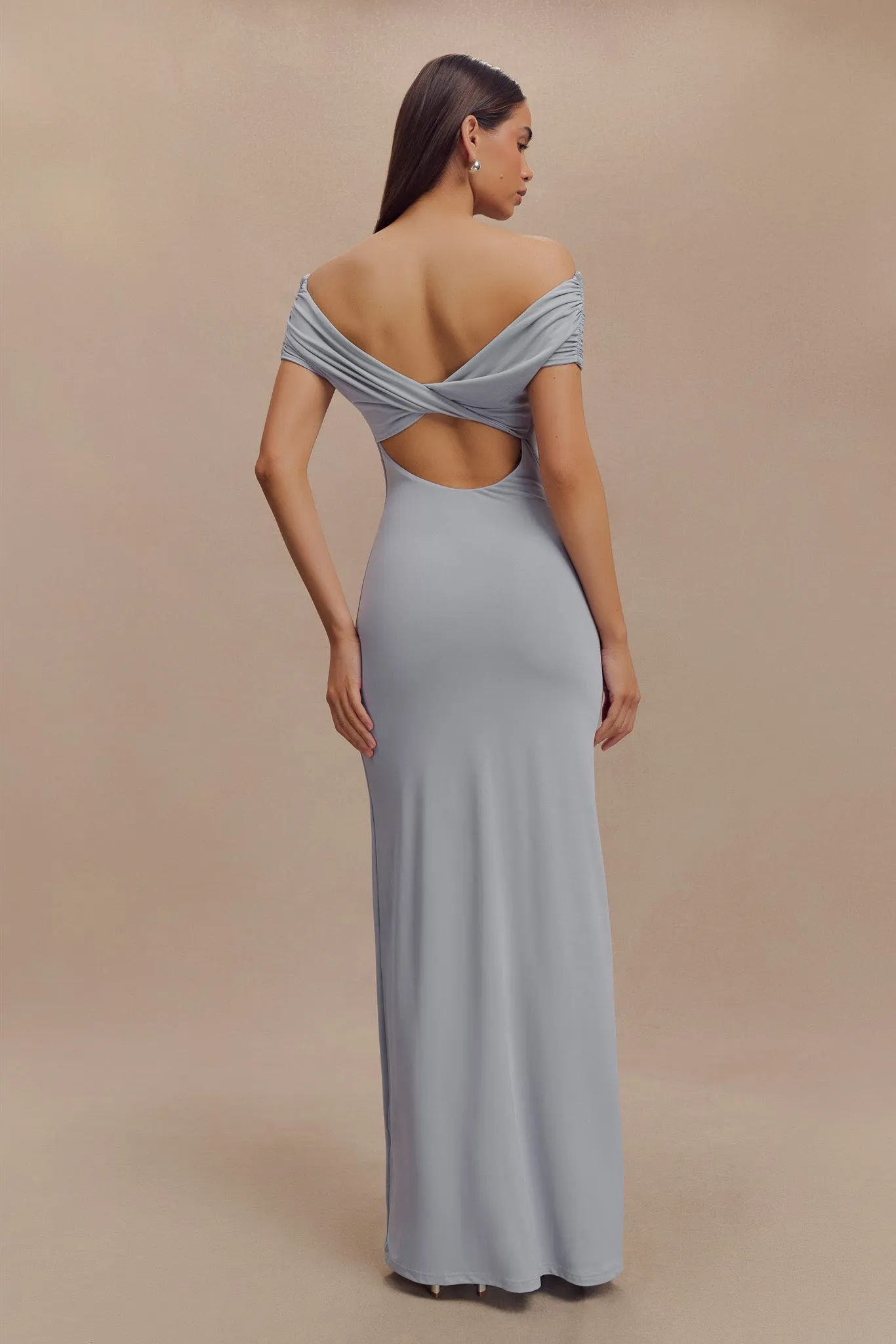 Imogen Off Shoulder Slinky Maxi Dress - Dusty Blue sold by Meshki product image thumbnail 2