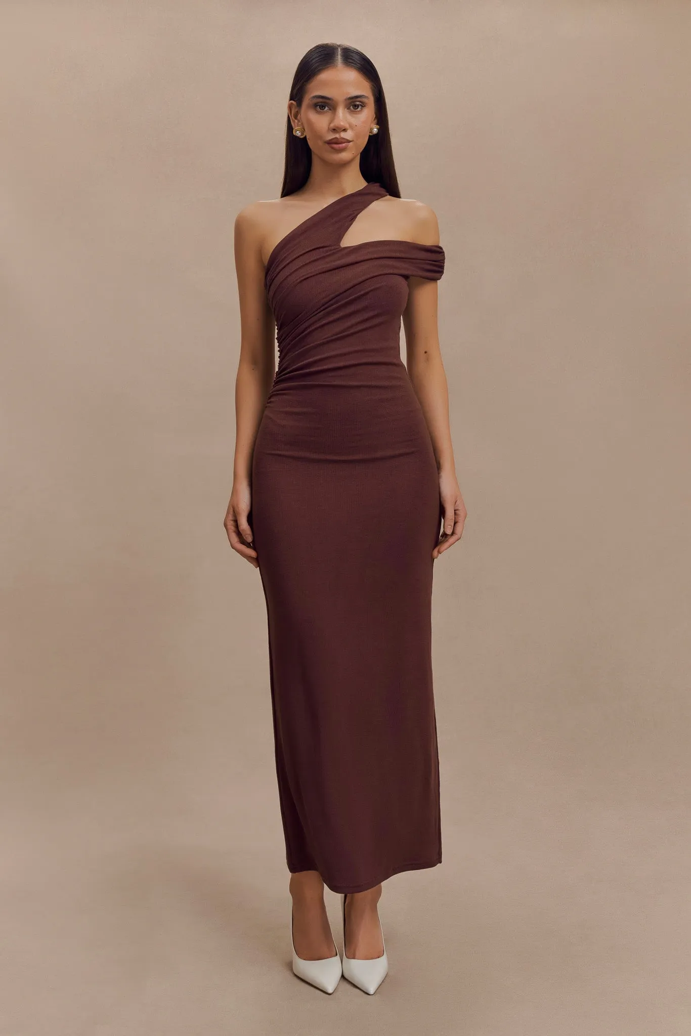 Anastasia One Shoulder Modal Midi Dress - Mahogany sold by Meshki