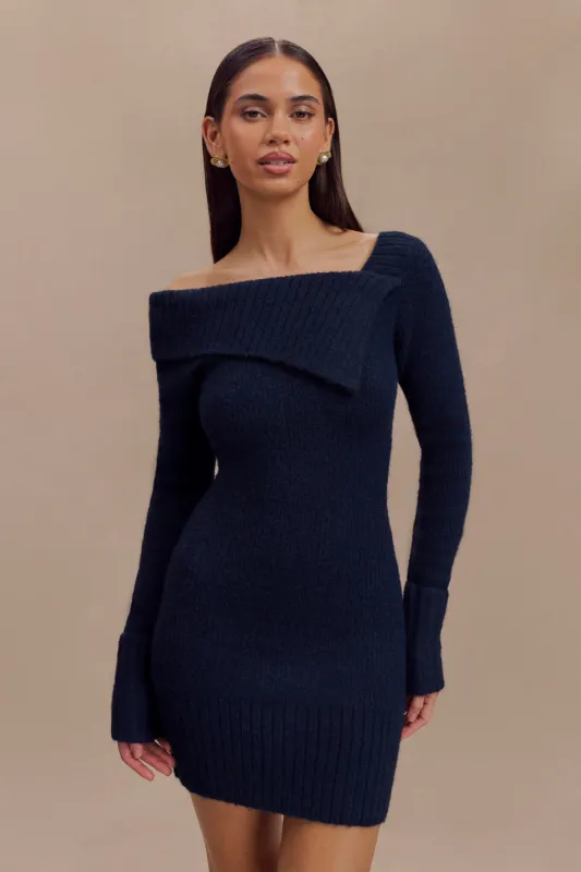 Stephanie Asymmetric Knit Mini Dress - Dark Navy sold by Meshki