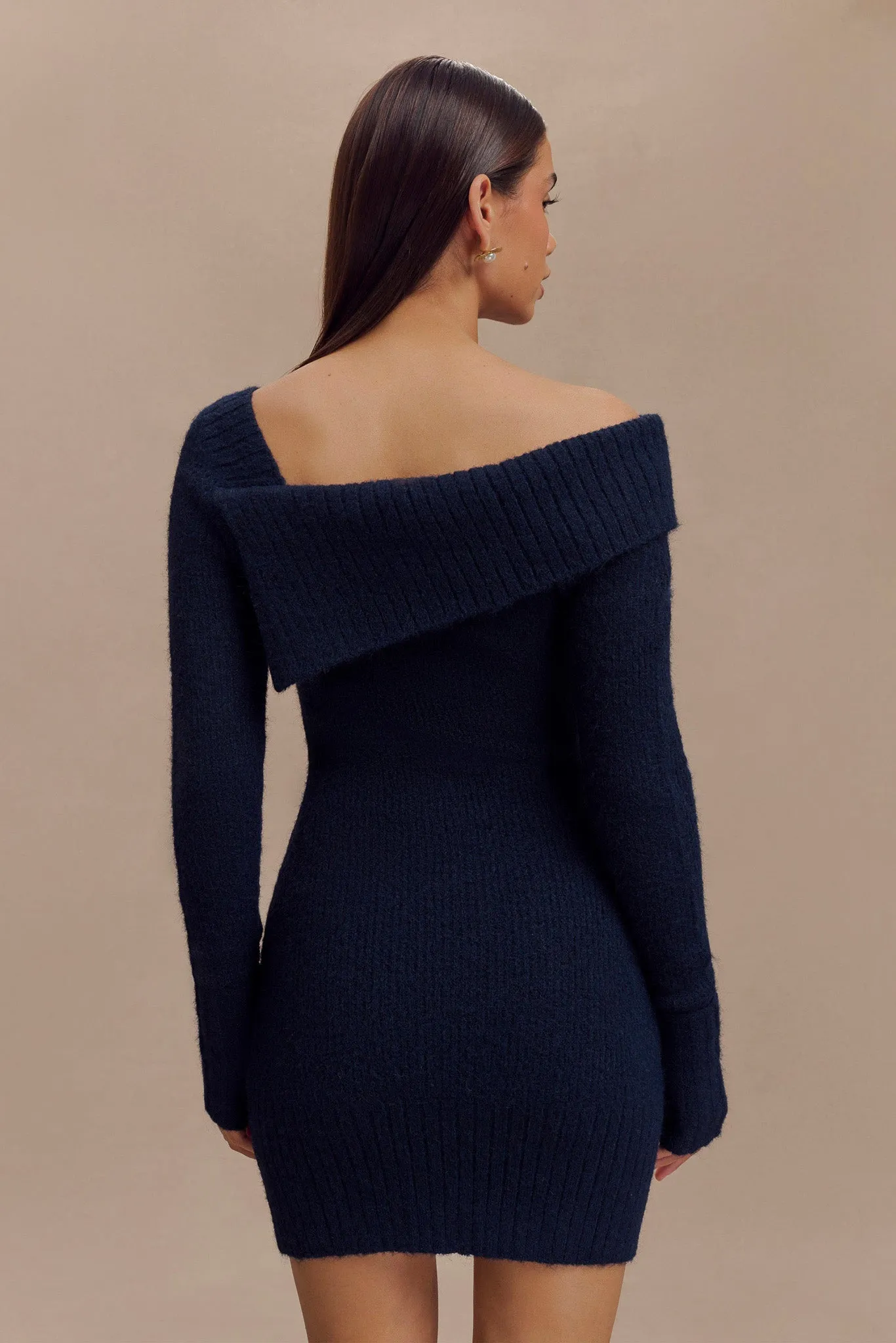 Stephanie Asymmetric Knit Mini Dress - Dark Navy sold by Meshki product image thumbnail 2