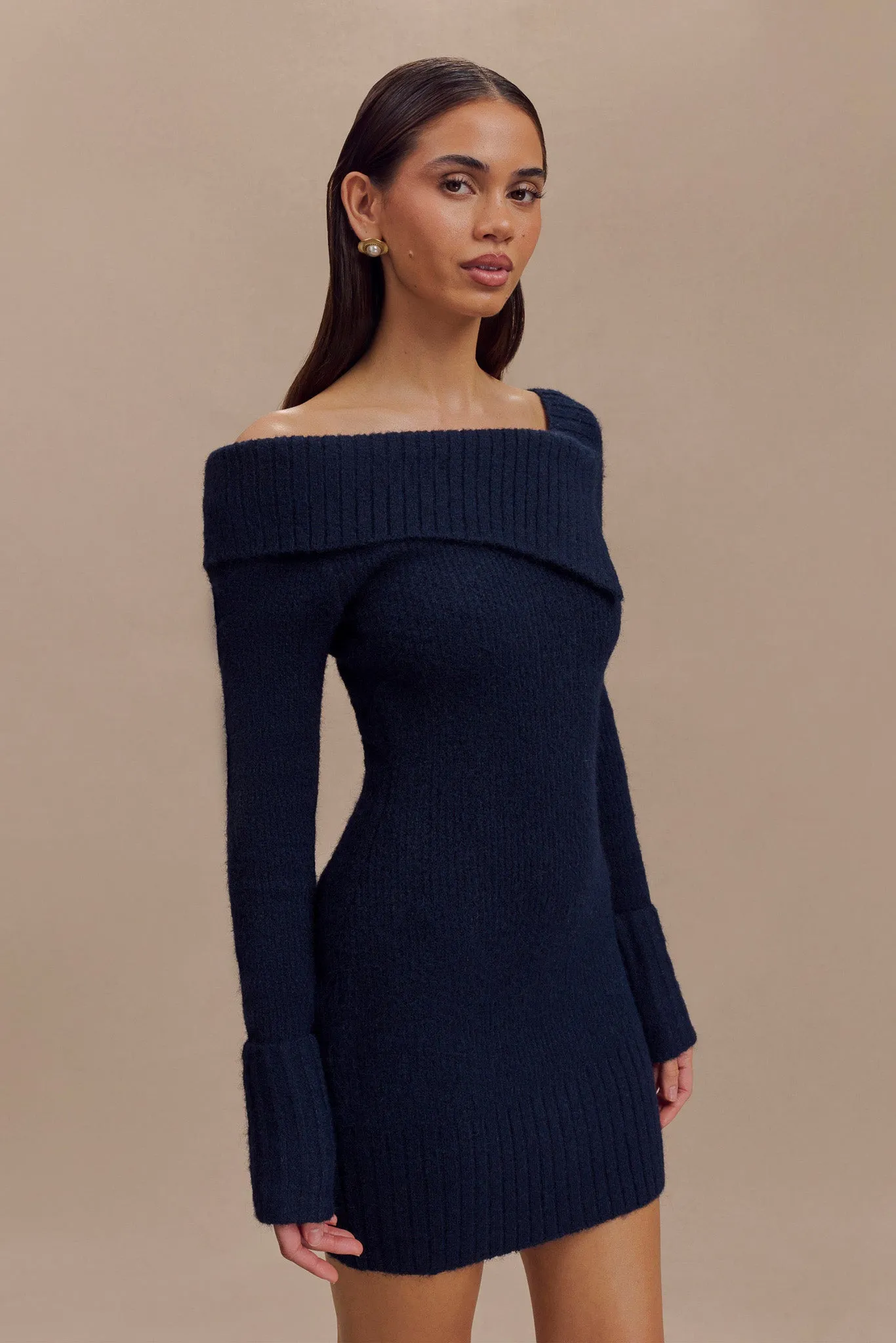 Stephanie Asymmetric Knit Mini Dress - Dark Navy sold by Meshki product image thumbnail 3