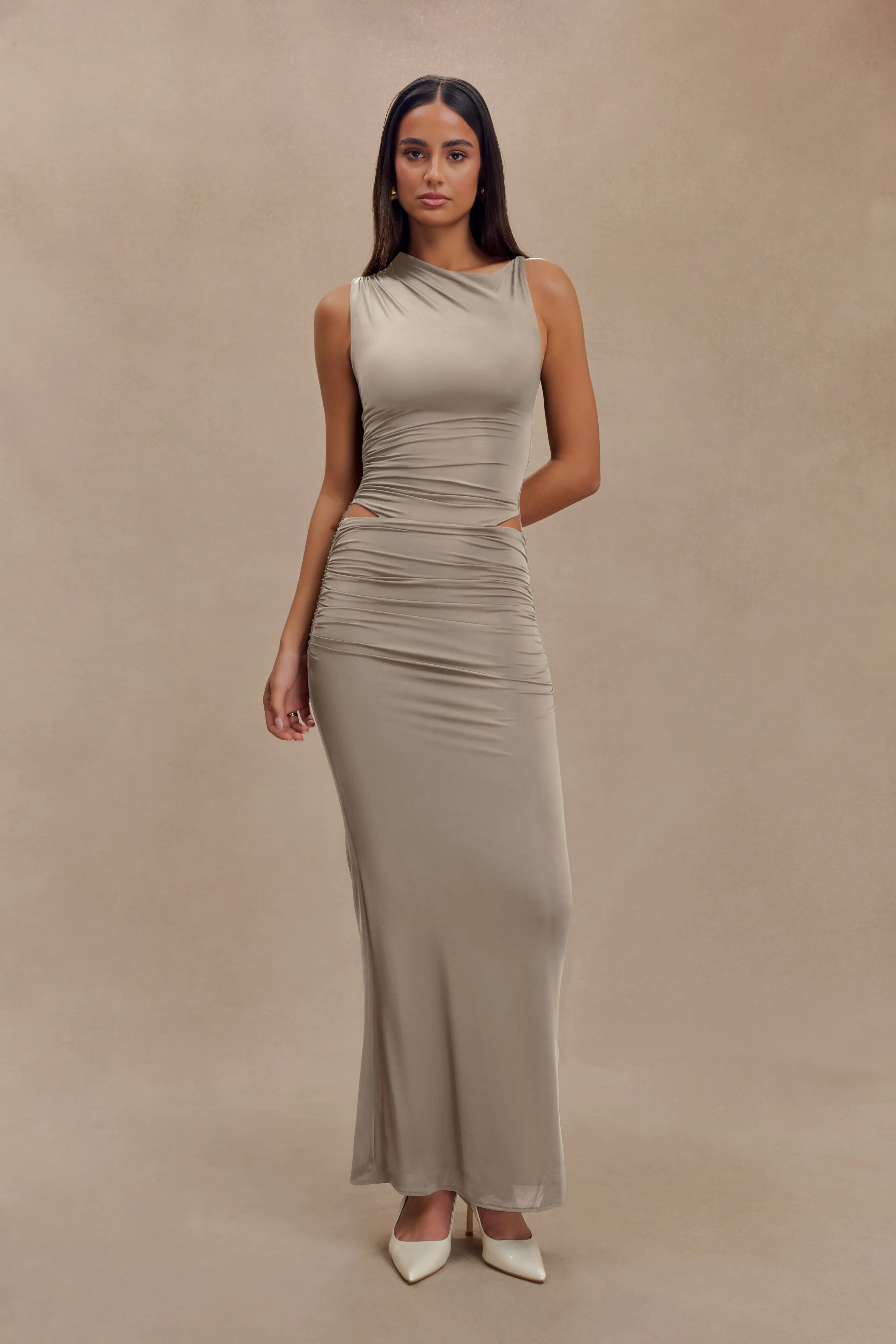 Kaia Slinky Cut Out Maxi Dress - Taupe sold by Meshki