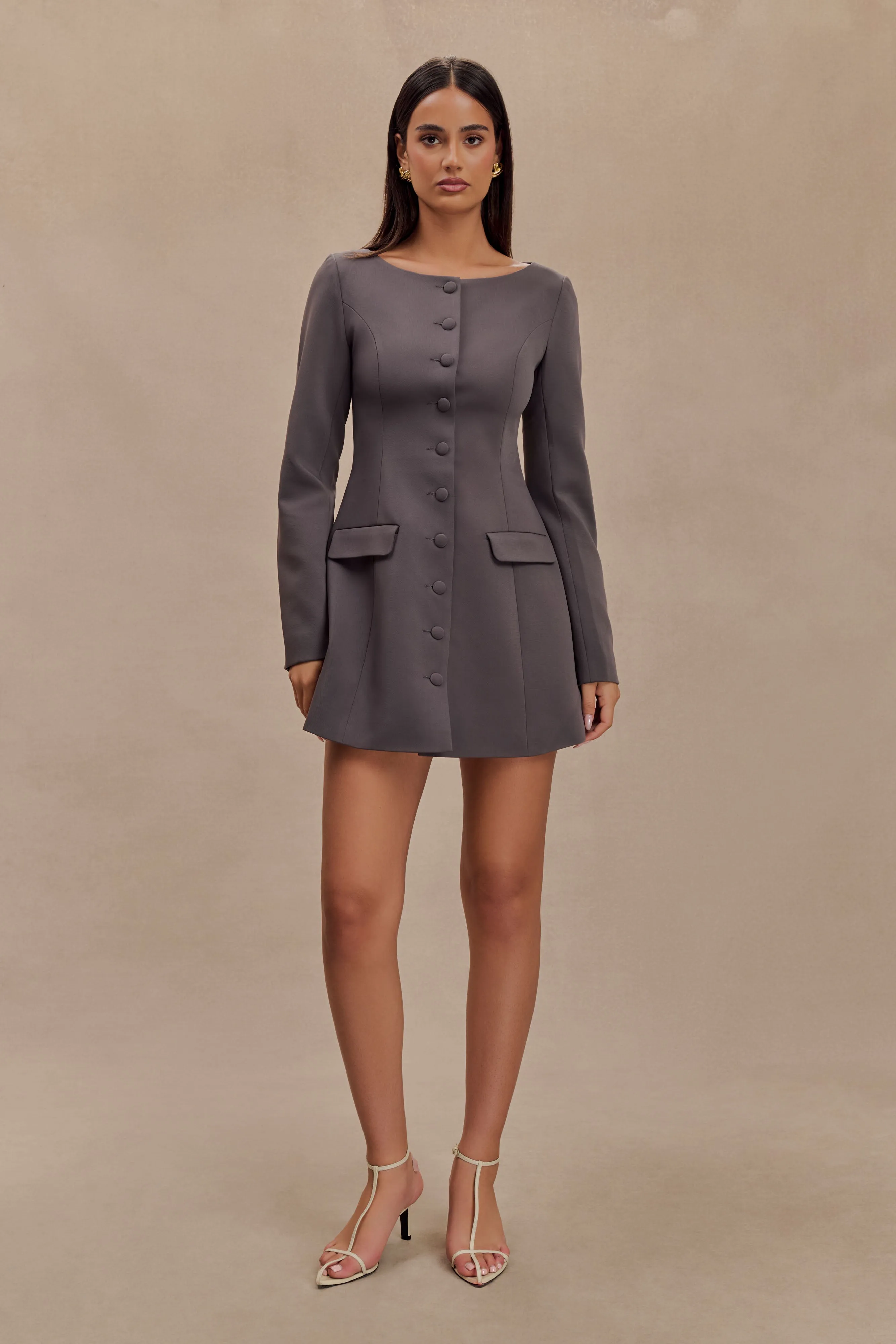 Jolie Boat Neck Suiting Mini Dress - Charcoal Grey sold by Meshki product image thumbnail 4