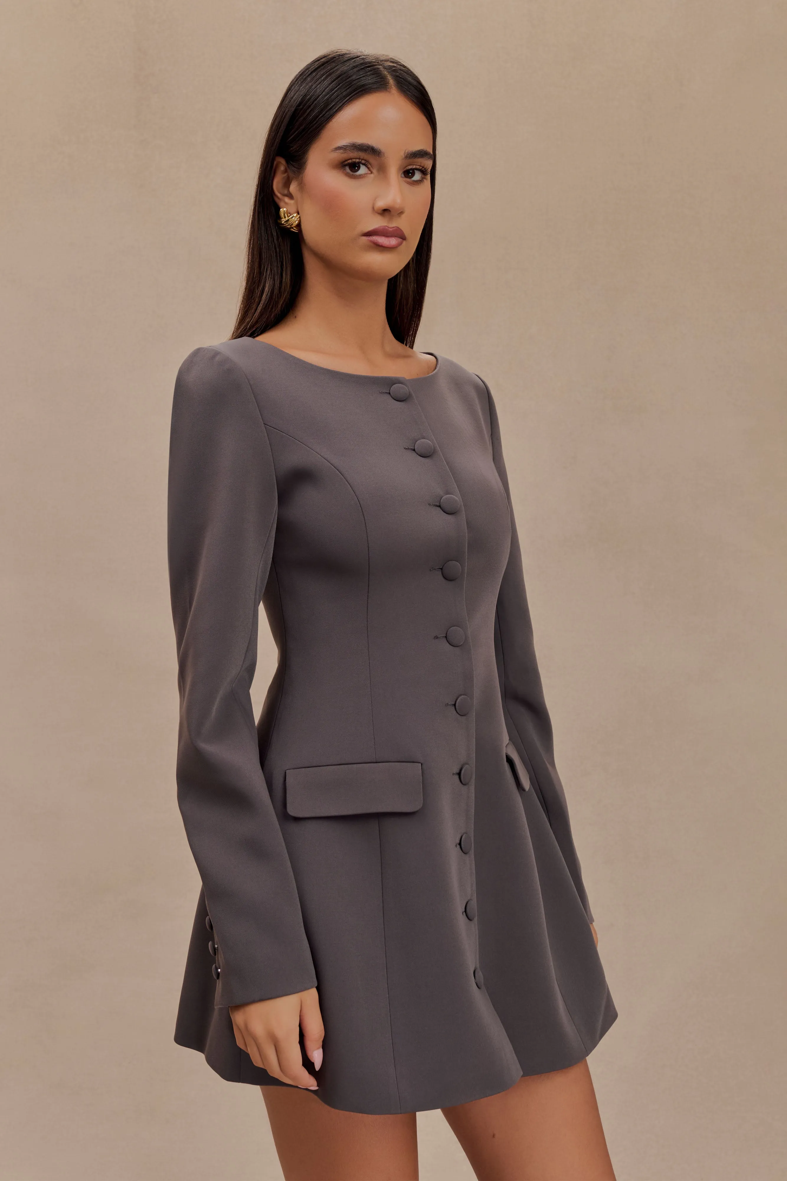 Jolie Boat Neck Suiting Mini Dress - Charcoal Grey sold by Meshki product image thumbnail 5