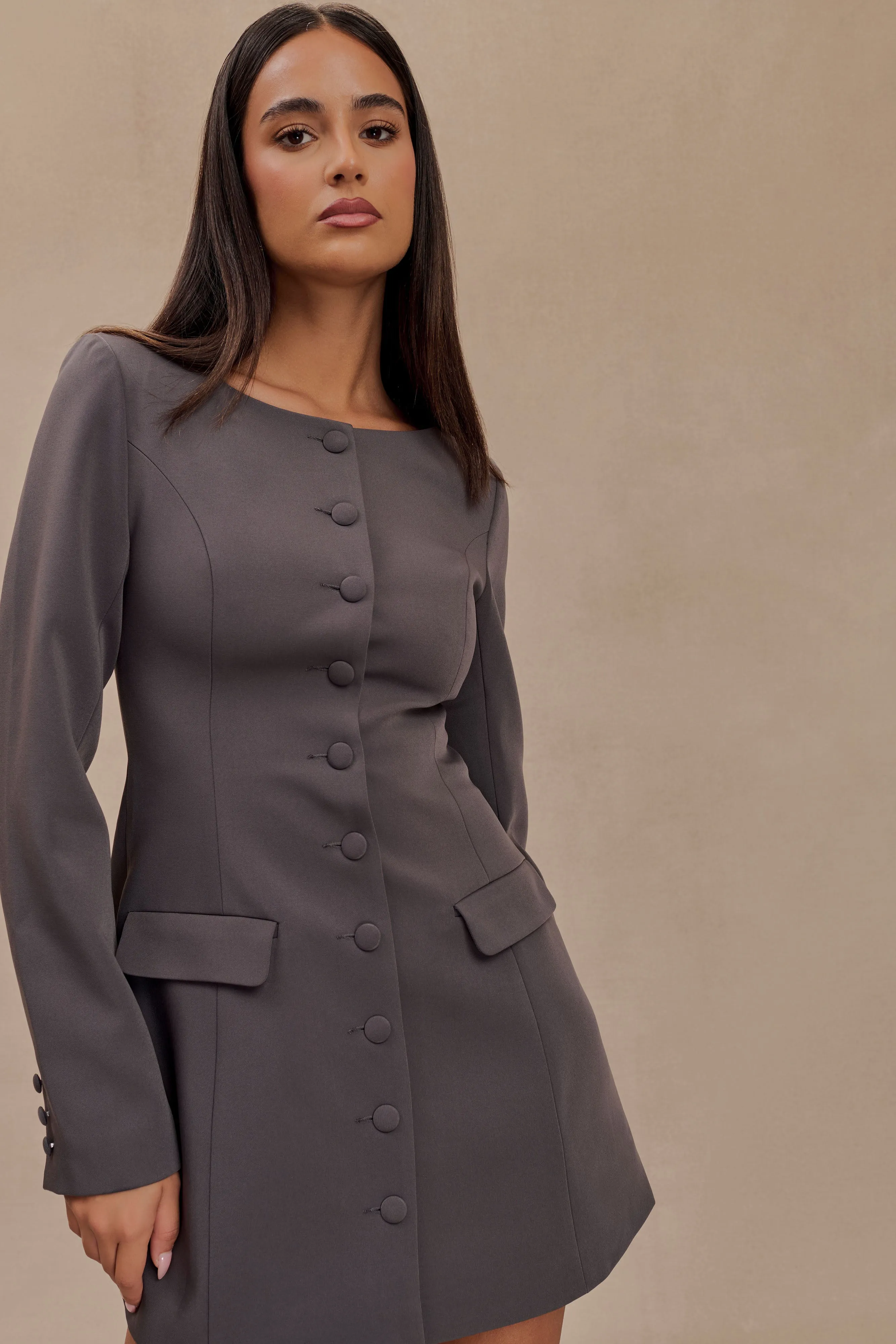 Jolie Boat Neck Suiting Mini Dress - Charcoal Grey sold by Meshki product image thumbnail 3