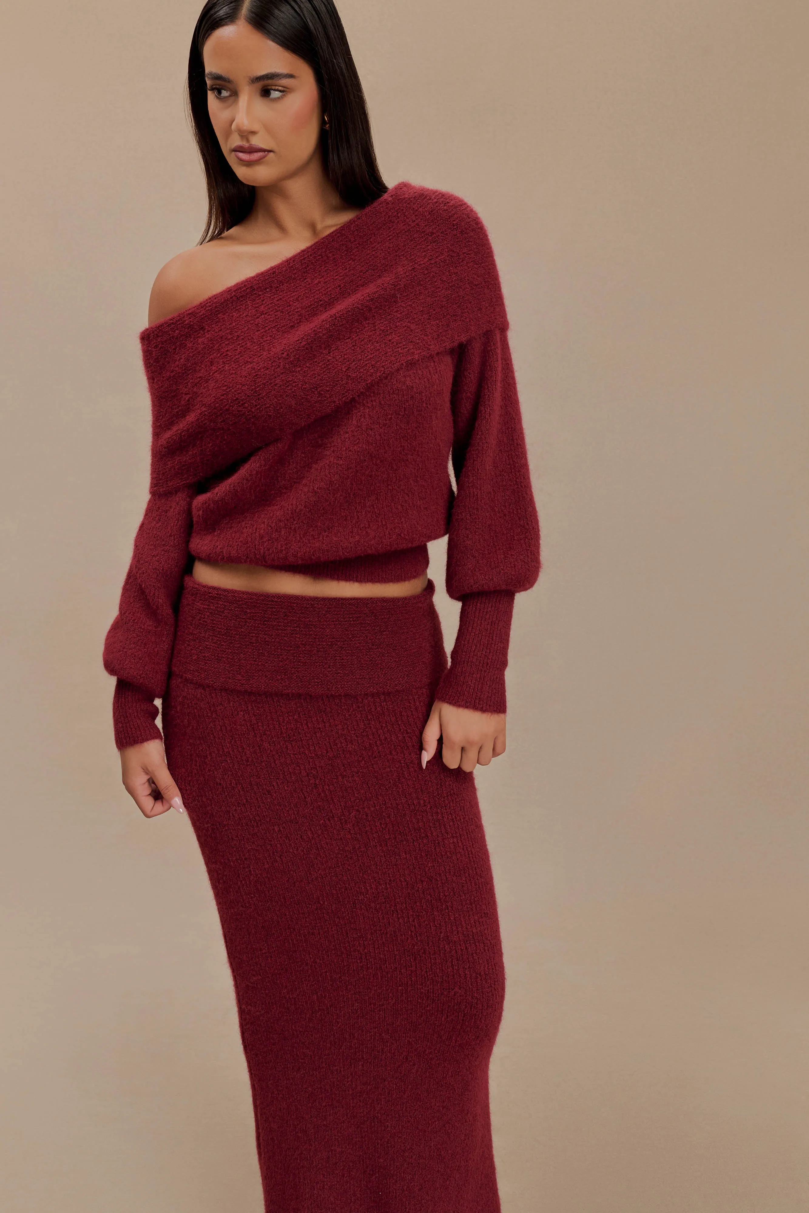 Charlotte Off Shoulder Knit Long Sleeve Top - Merlot sold by Meshki product image thumbnail 3