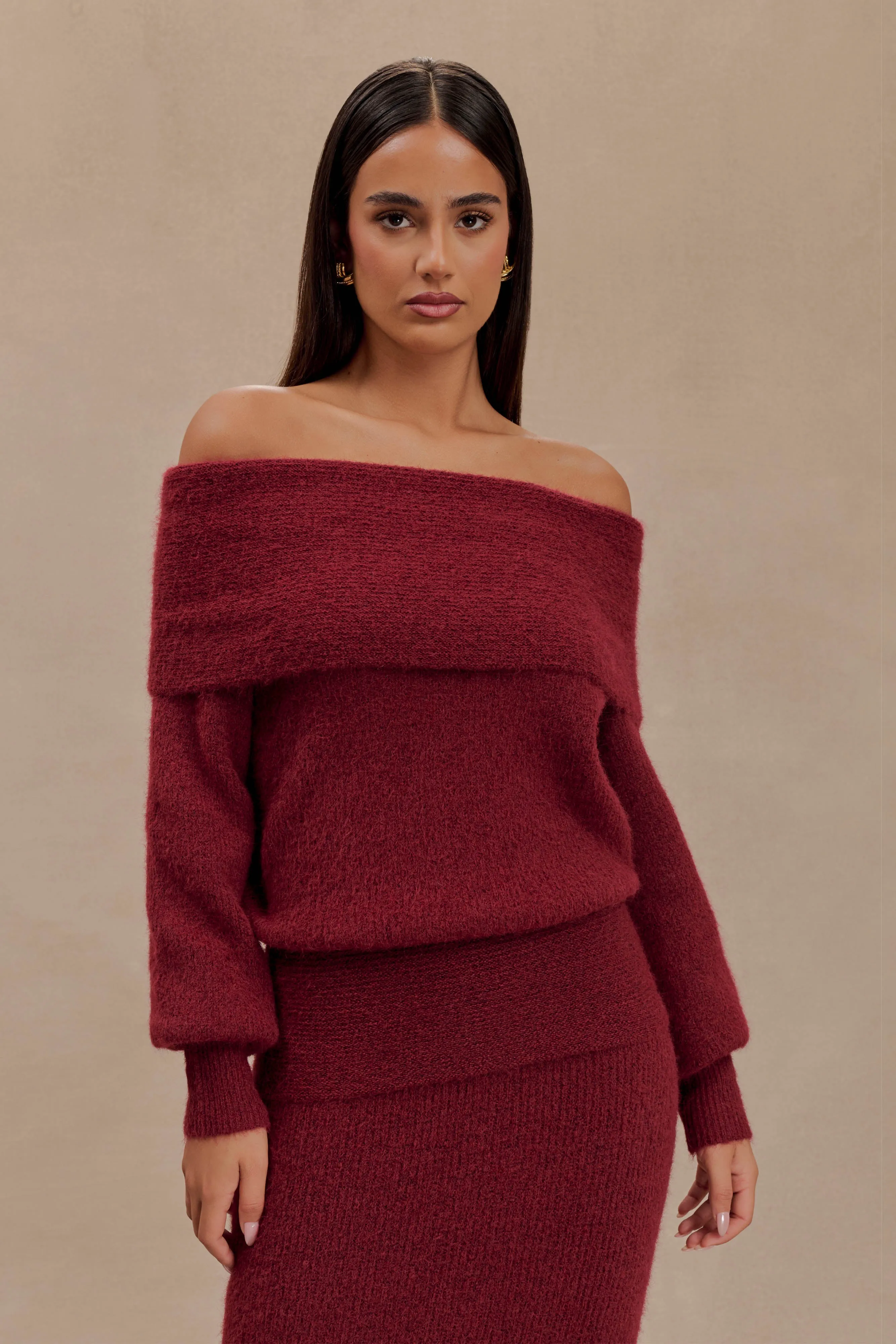 Charlotte Off Shoulder Knit Long Sleeve Top - Merlot sold by Meshki