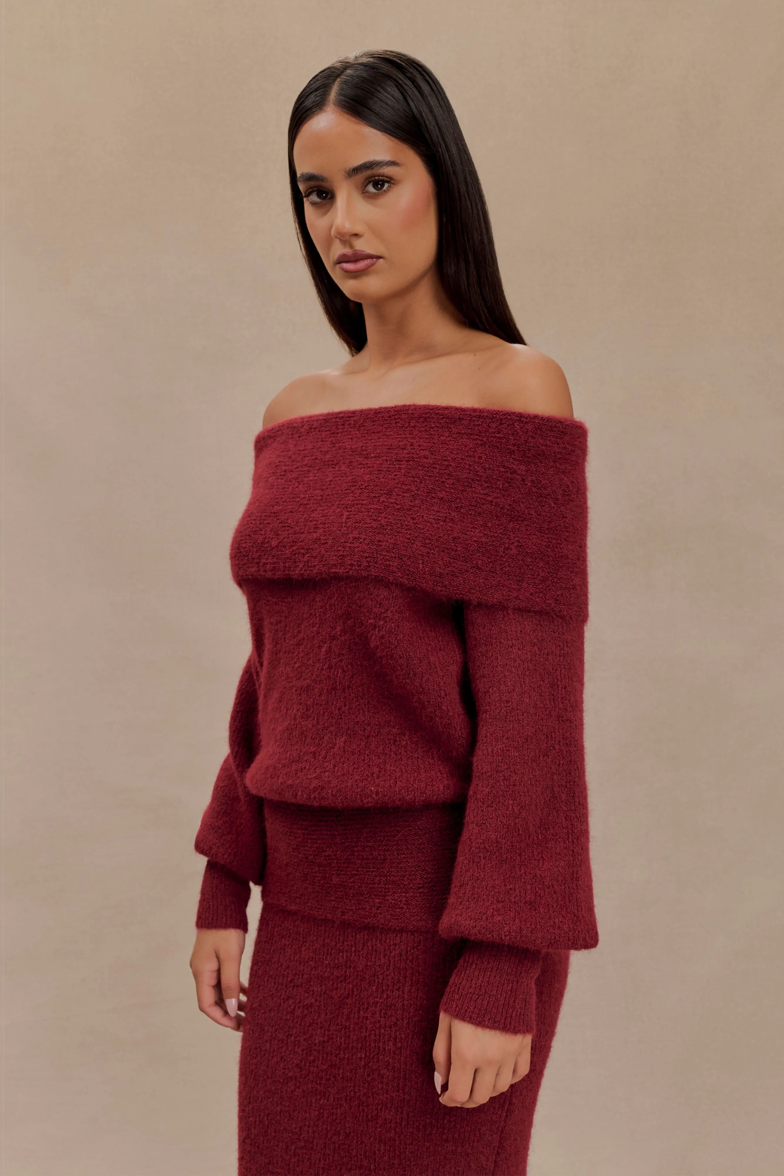 Charlotte Off Shoulder Knit Long Sleeve Top - Merlot sold by Meshki product image thumbnail 5