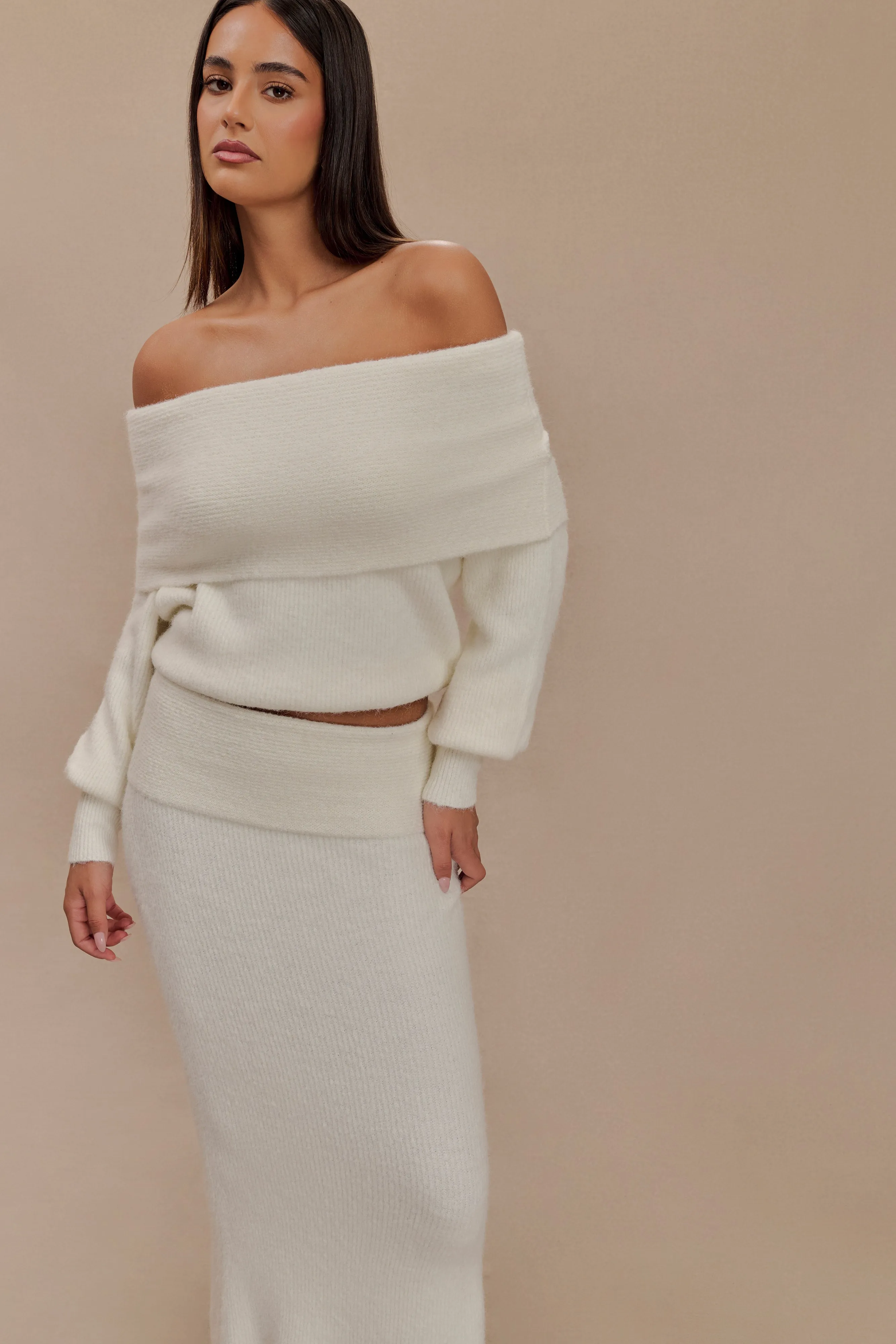 Charlotte Off Shoulder Knit Long Sleeve Top - Ivory sold by Meshki product image thumbnail 4