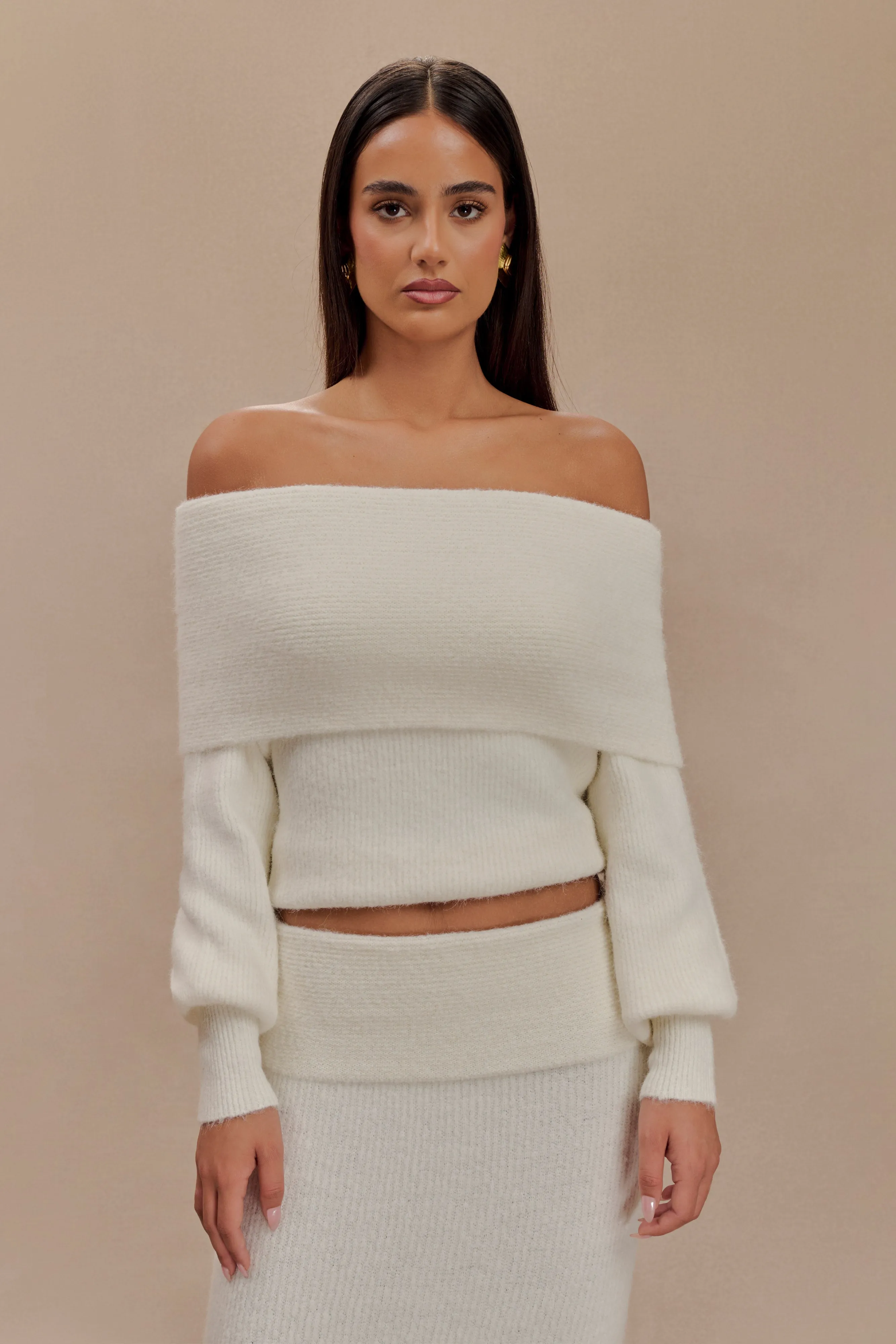 Charlotte Off Shoulder Knit Long Sleeve Top - Ivory sold by Meshki