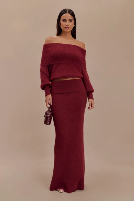 Charlotte Knit Maxi Skirt With Overlay - Merlot sold by Meshki