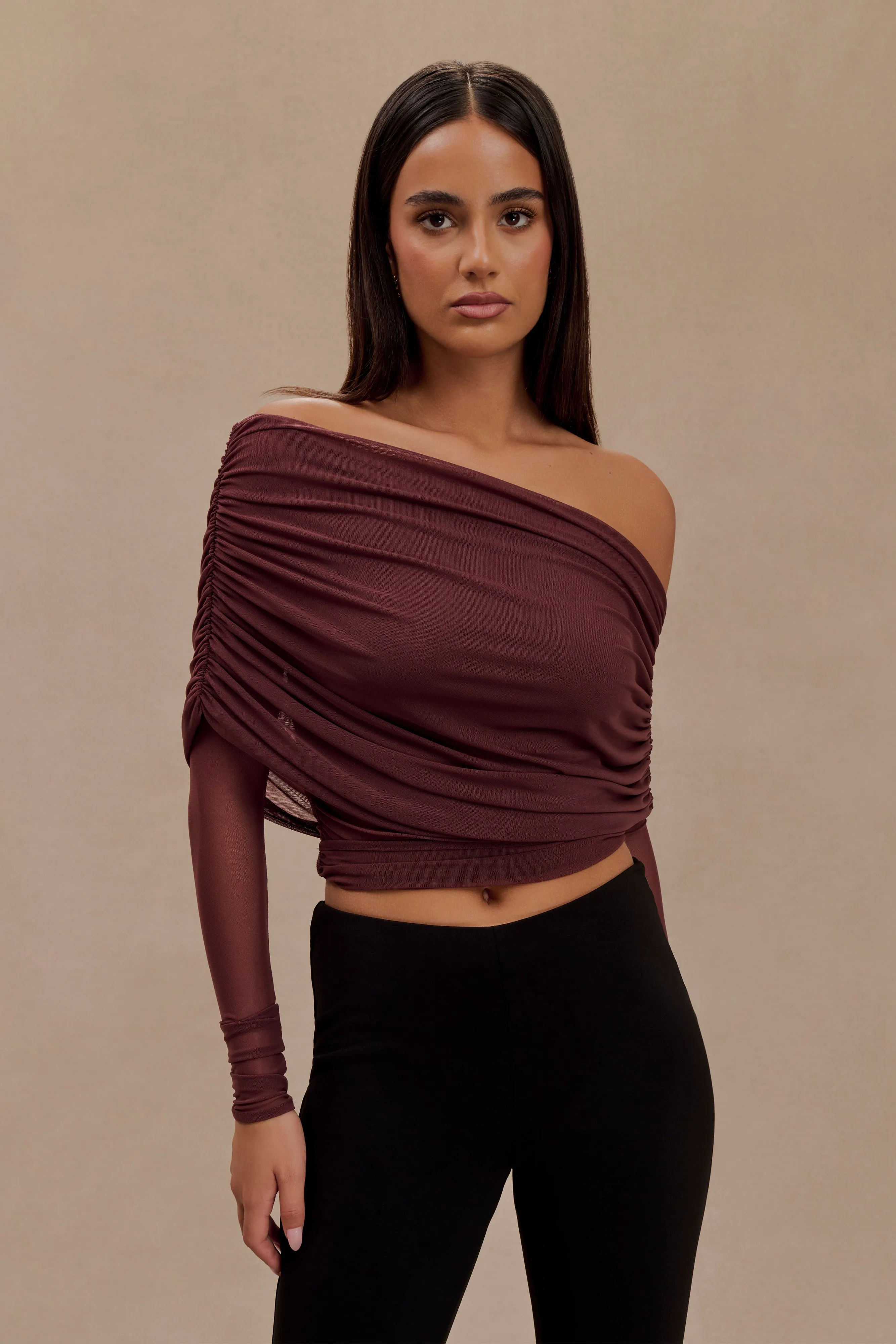 Everly Sheer Mesh Off Shoulder Top - Mahogany sold by Meshki