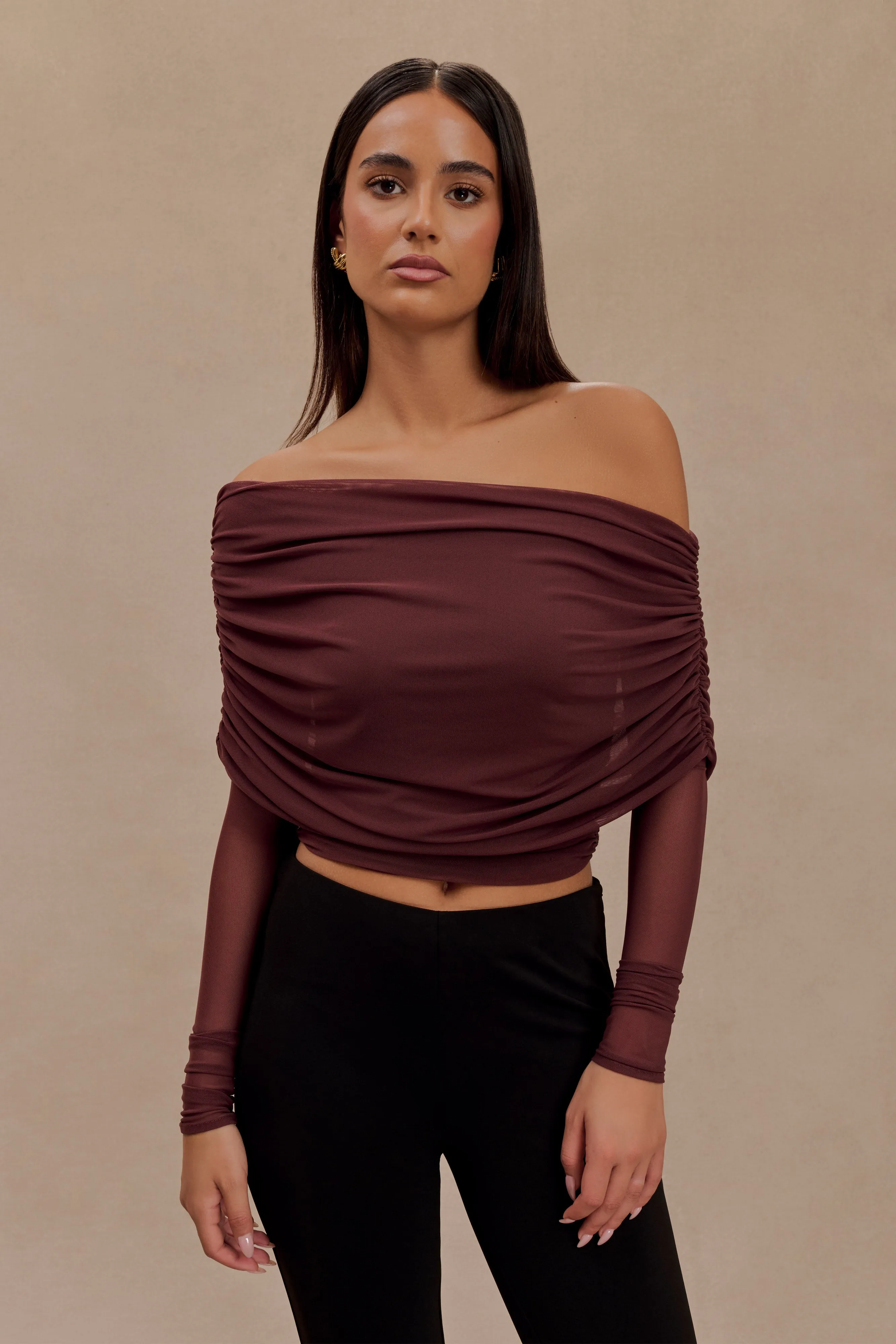 Everly Sheer Mesh Off Shoulder Top - Mahogany sold by Meshki product image thumbnail 5