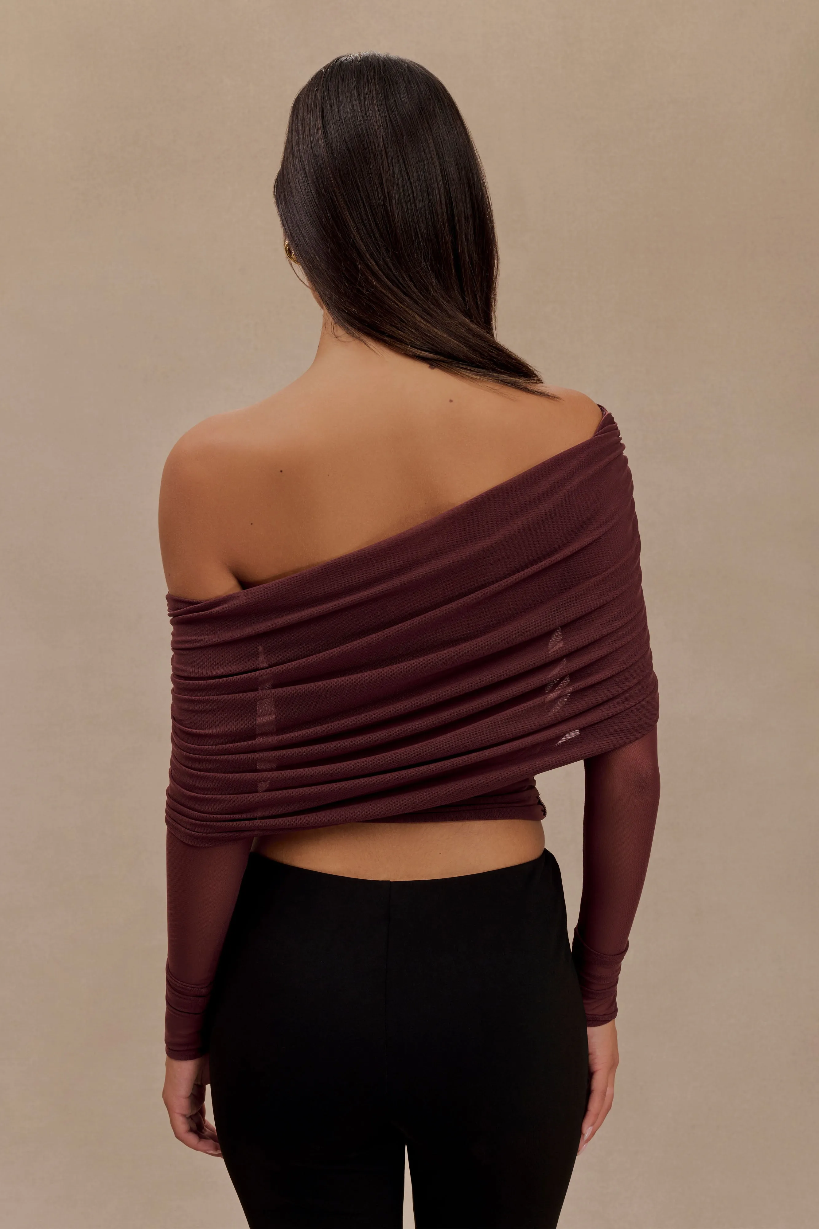 Everly Sheer Mesh Off Shoulder Top - Mahogany sold by Meshki product image thumbnail 2