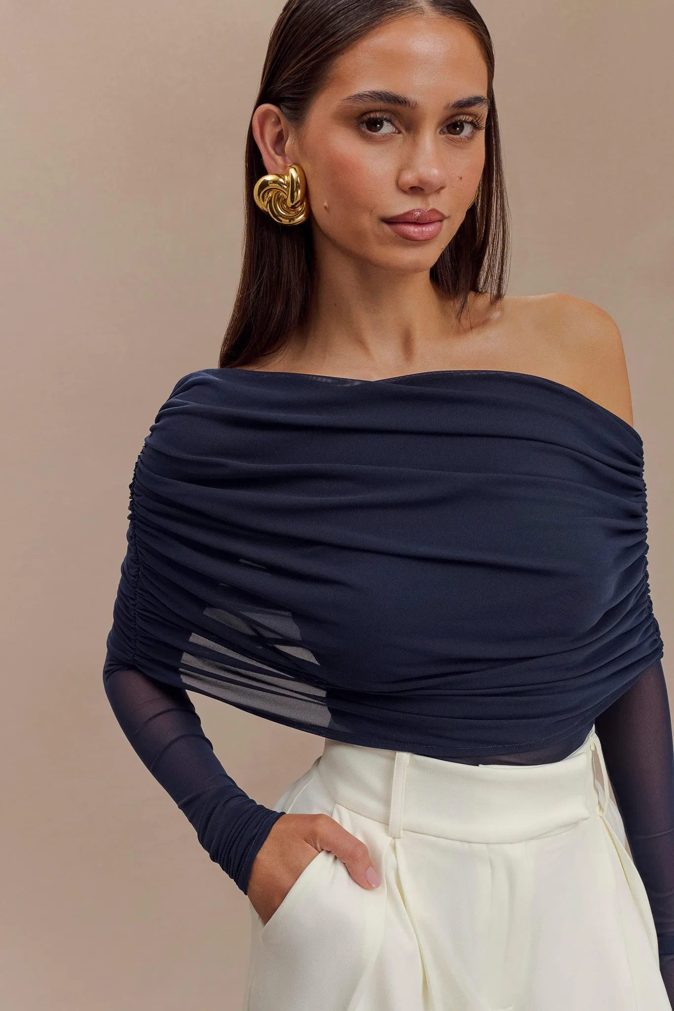 Everly Sheer Mesh Off Shoulder Top - Dark Navy sold by Meshki product image thumbnail 4