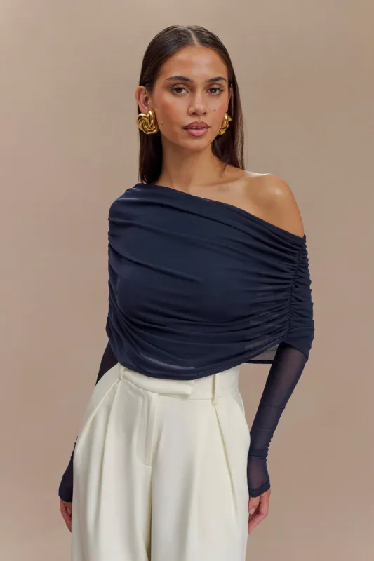 Everly Sheer Mesh Off Shoulder Top - Dark Navy sold by Meshki