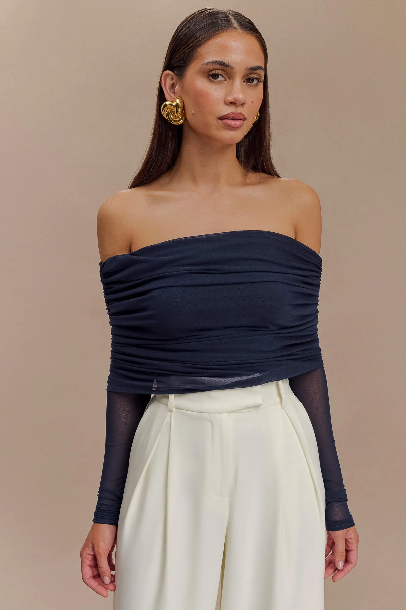 Everly Sheer Mesh Off Shoulder Top - Dark Navy sold by Meshki product image thumbnail 5