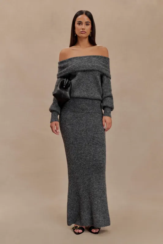 Charlotte Knit Maxi Skirt With Overlay - Charcoal sold by Meshki