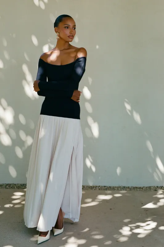 Presley Contrast Knit Off Shoulder Maxi Dress - Navy And Cream sold by Meshki