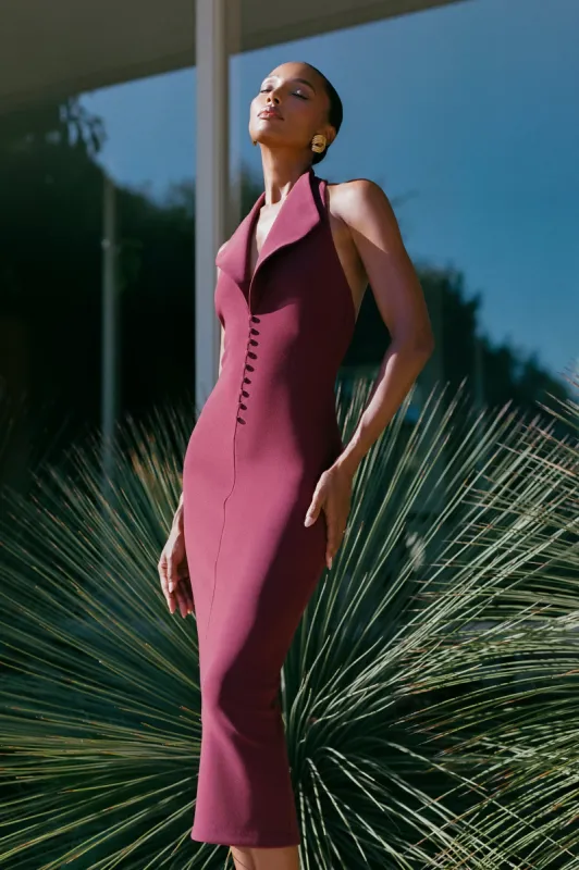 Annita Crepe Halter Midi Dress - Merlot sold by Meshki