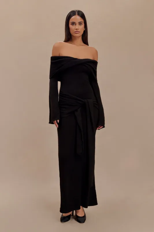 Cameron Off Shoulder Tie Maxi Dress - Black sold by Meshki