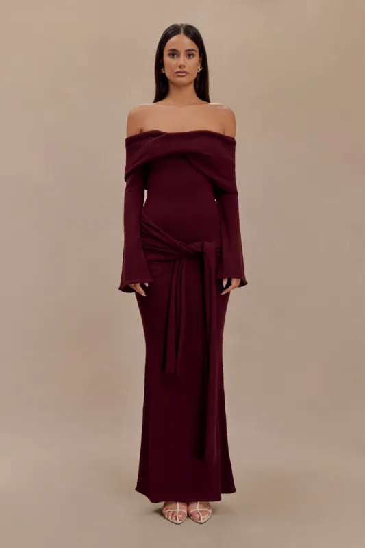 Cameron Off Shoulder Tie Maxi Dress - Merlot sold by Meshki