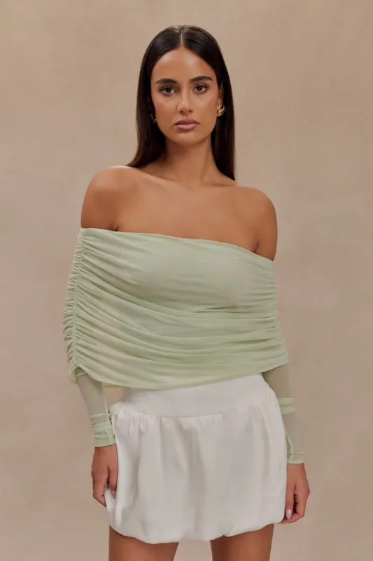 Everly Sheer Mesh Off Shoulder Top - Pastel Green sold by Meshki