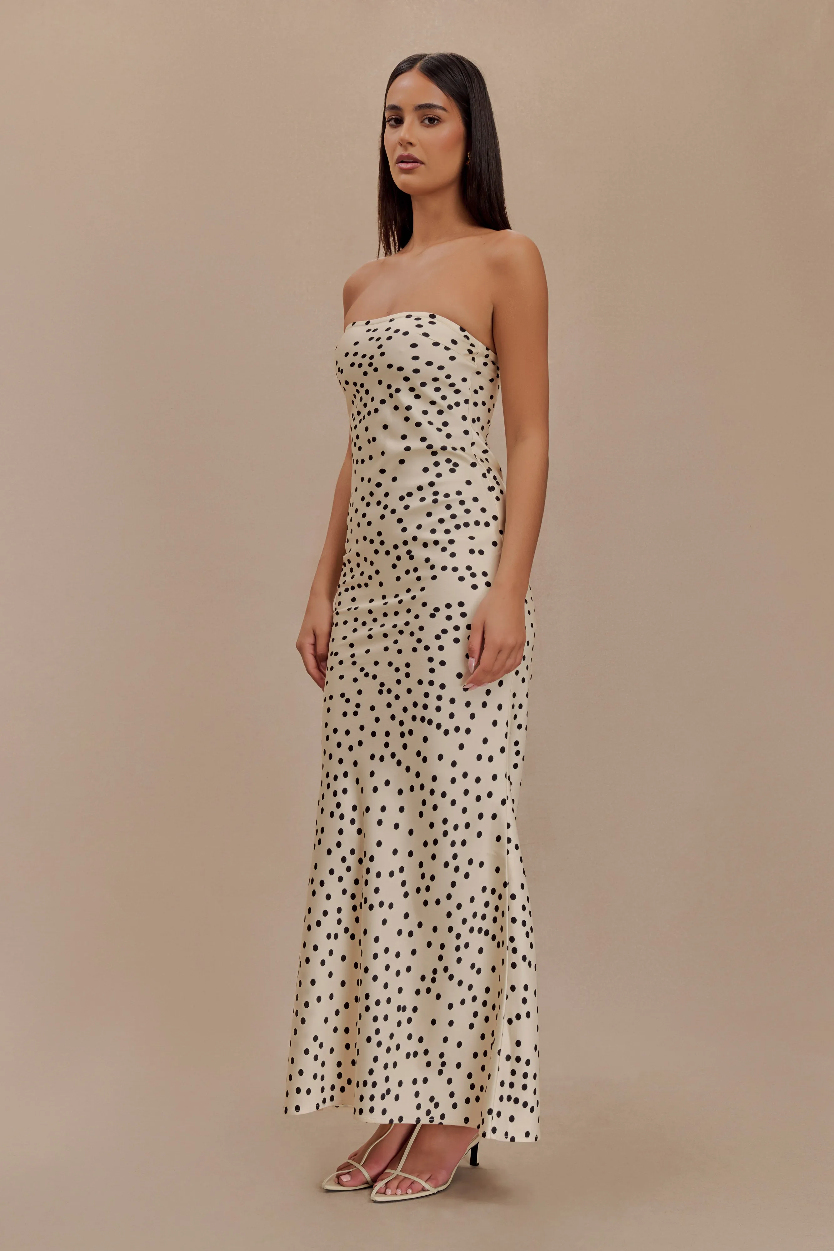 Claudette Strapless Satin Maxi Dress - Polka Dot Print sold by Meshki product image thumbnail 4