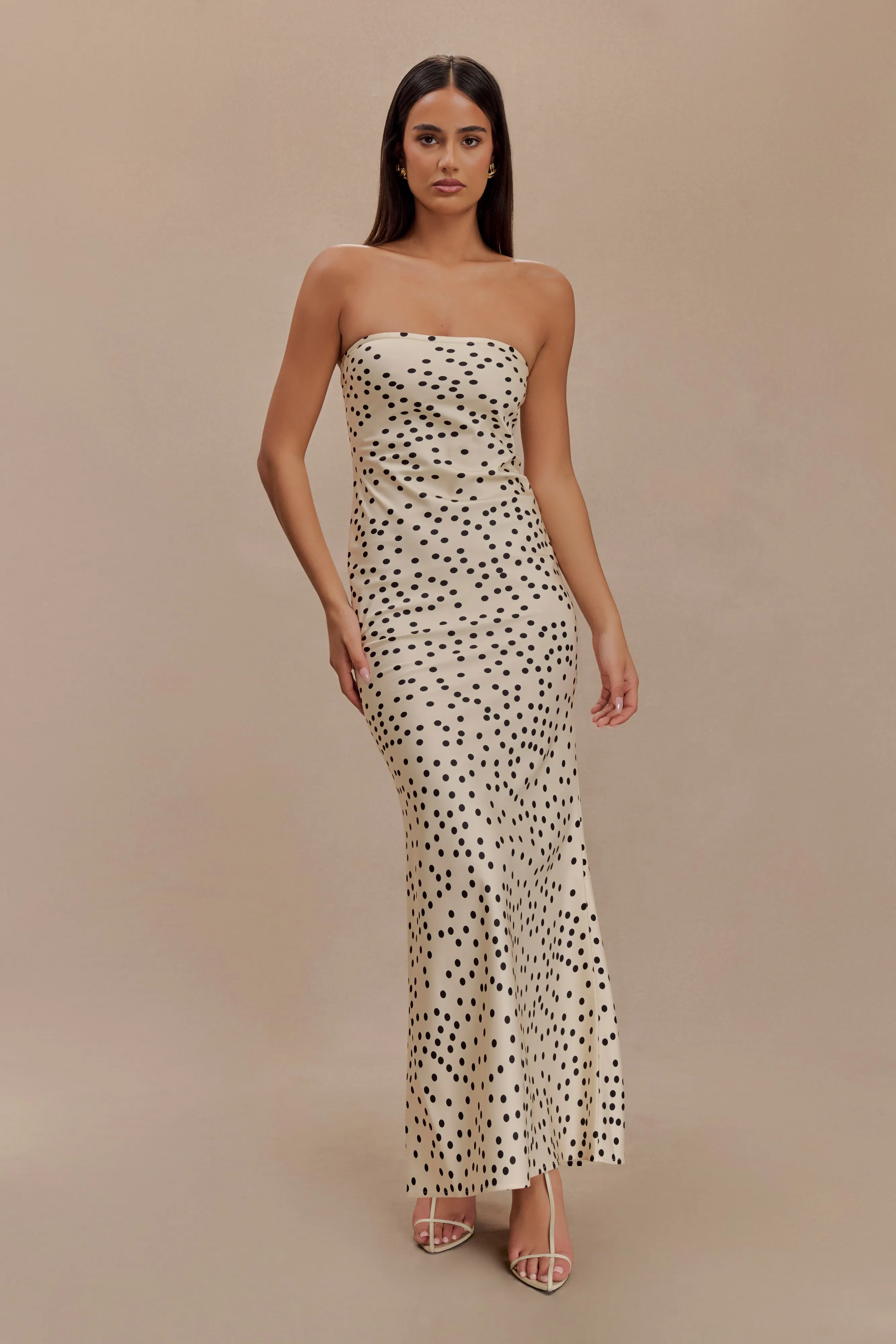 Claudette Strapless Satin Maxi Dress - Polka Dot Print sold by Meshki