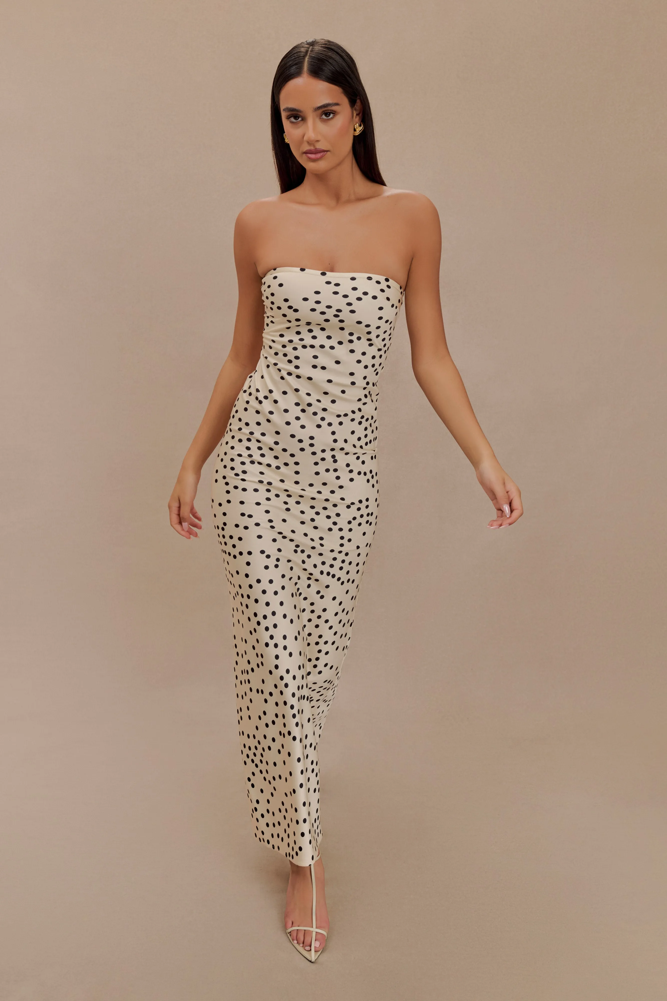 Claudette Strapless Satin Maxi Dress - Polka Dot Print sold by Meshki product image thumbnail 5