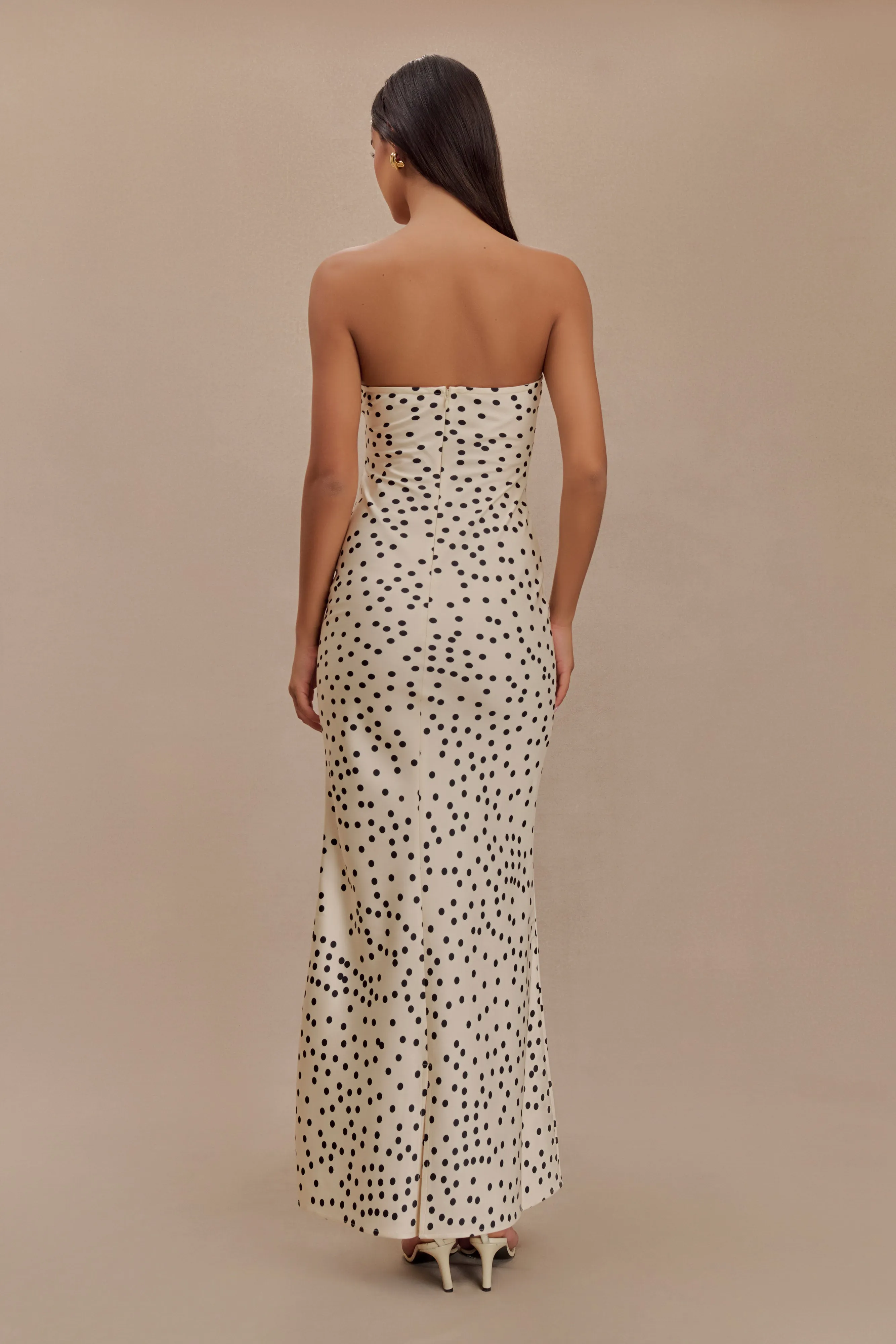 Claudette Strapless Satin Maxi Dress - Polka Dot Print sold by Meshki product image thumbnail 2
