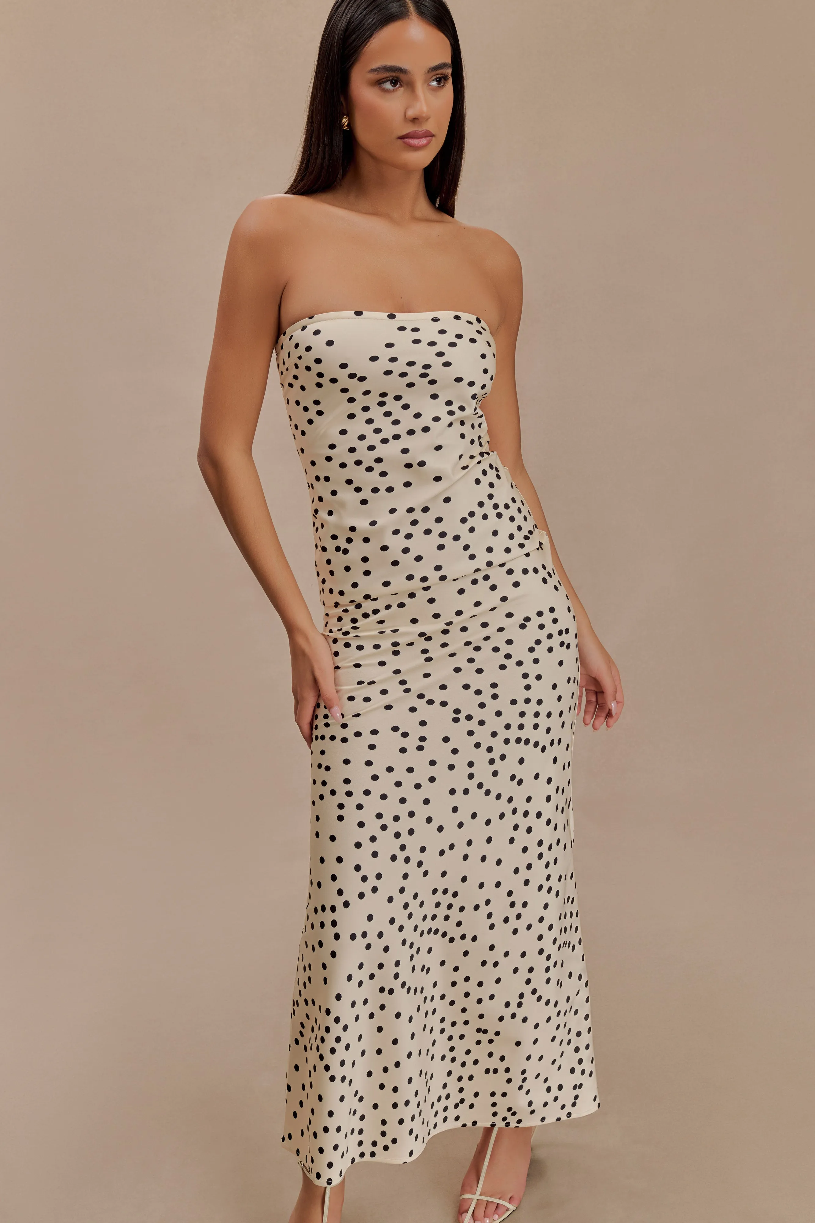 Claudette Strapless Satin Maxi Dress - Polka Dot Print sold by Meshki product image thumbnail 3