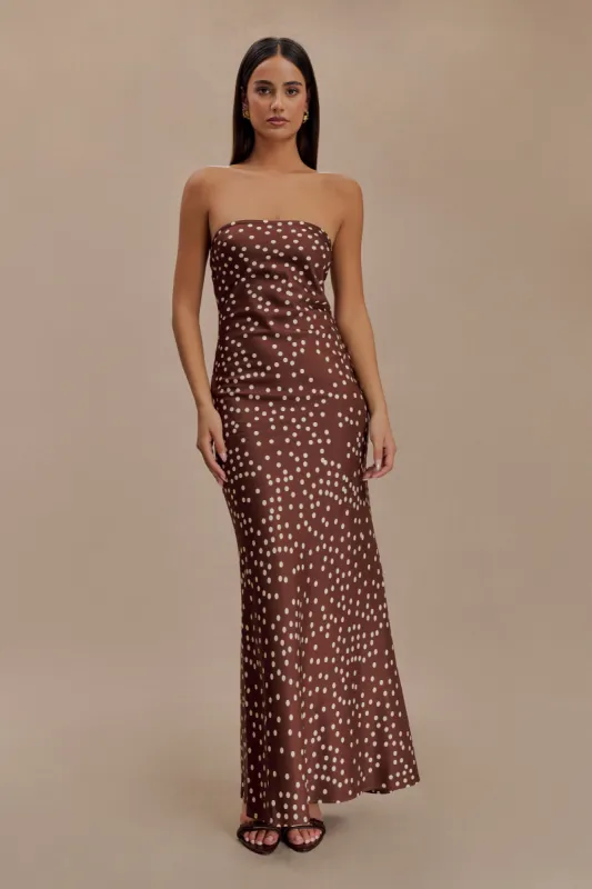 Claudette Strapless Satin Maxi Dress - Brown Polka Dot Print sold by Meshki