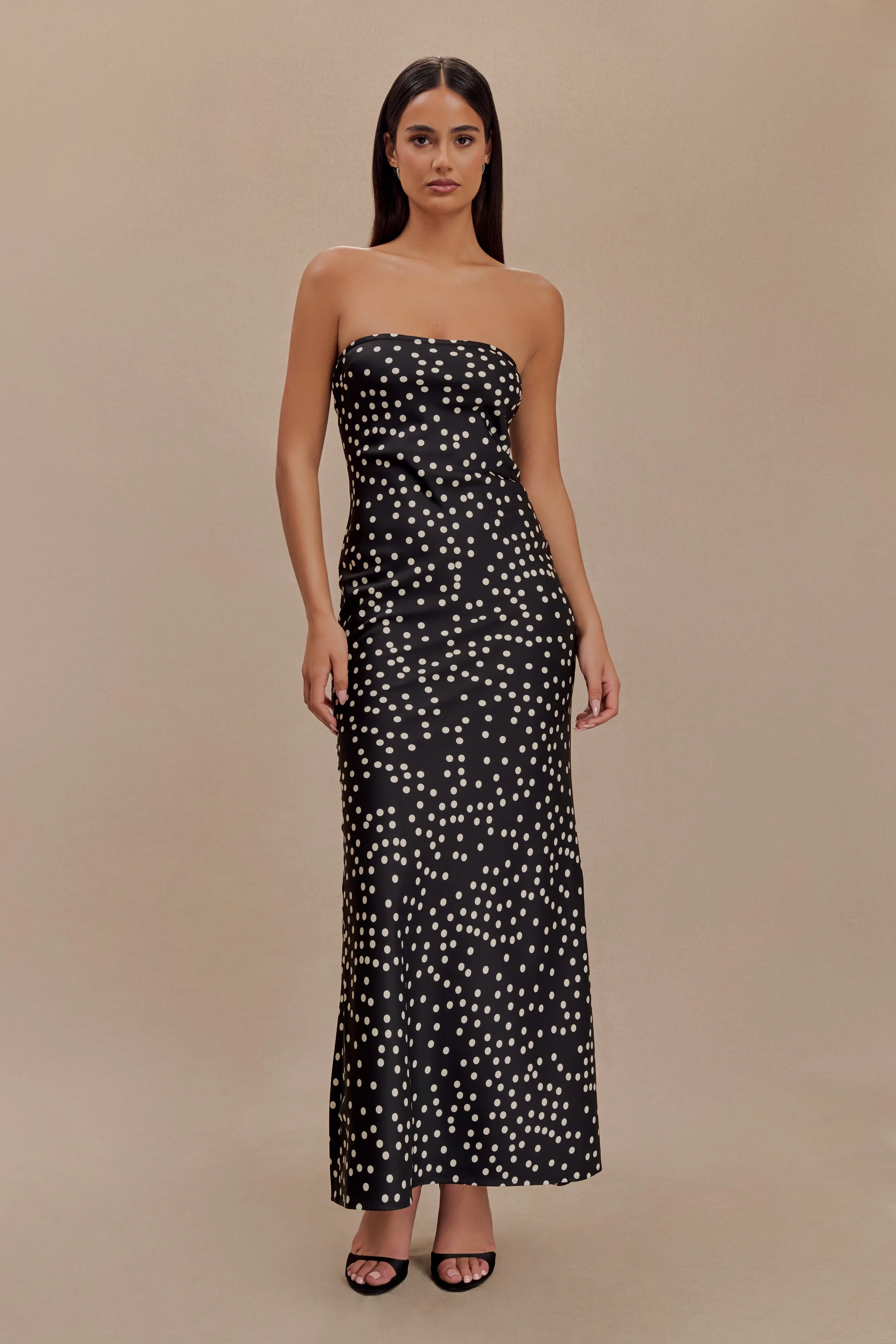 Claudette Strapless Satin Maxi Dress - Black Polka Dot Print sold by Meshki
