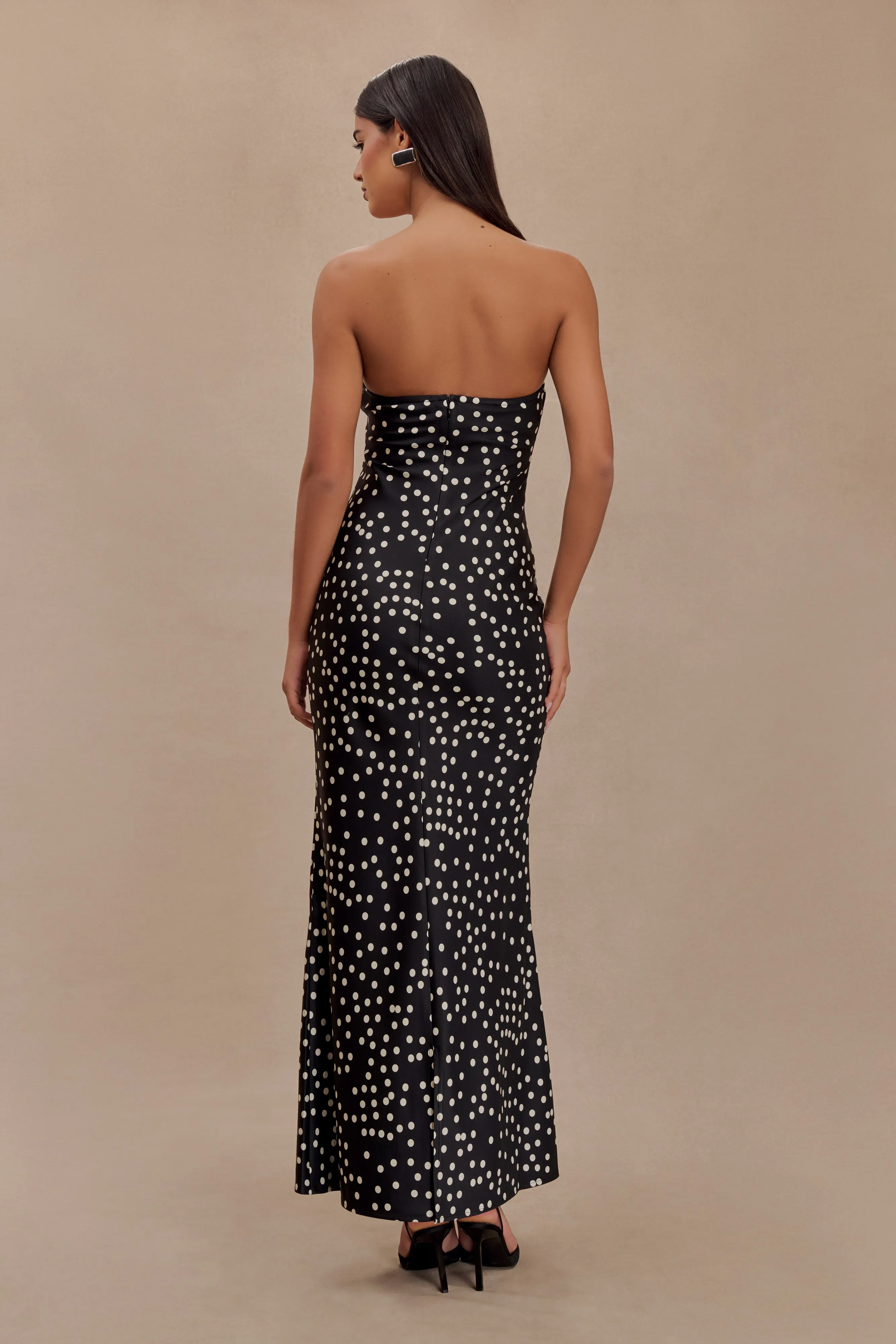 Claudette Strapless Satin Maxi Dress - Black Polka Dot Print sold by Meshki product image thumbnail 2