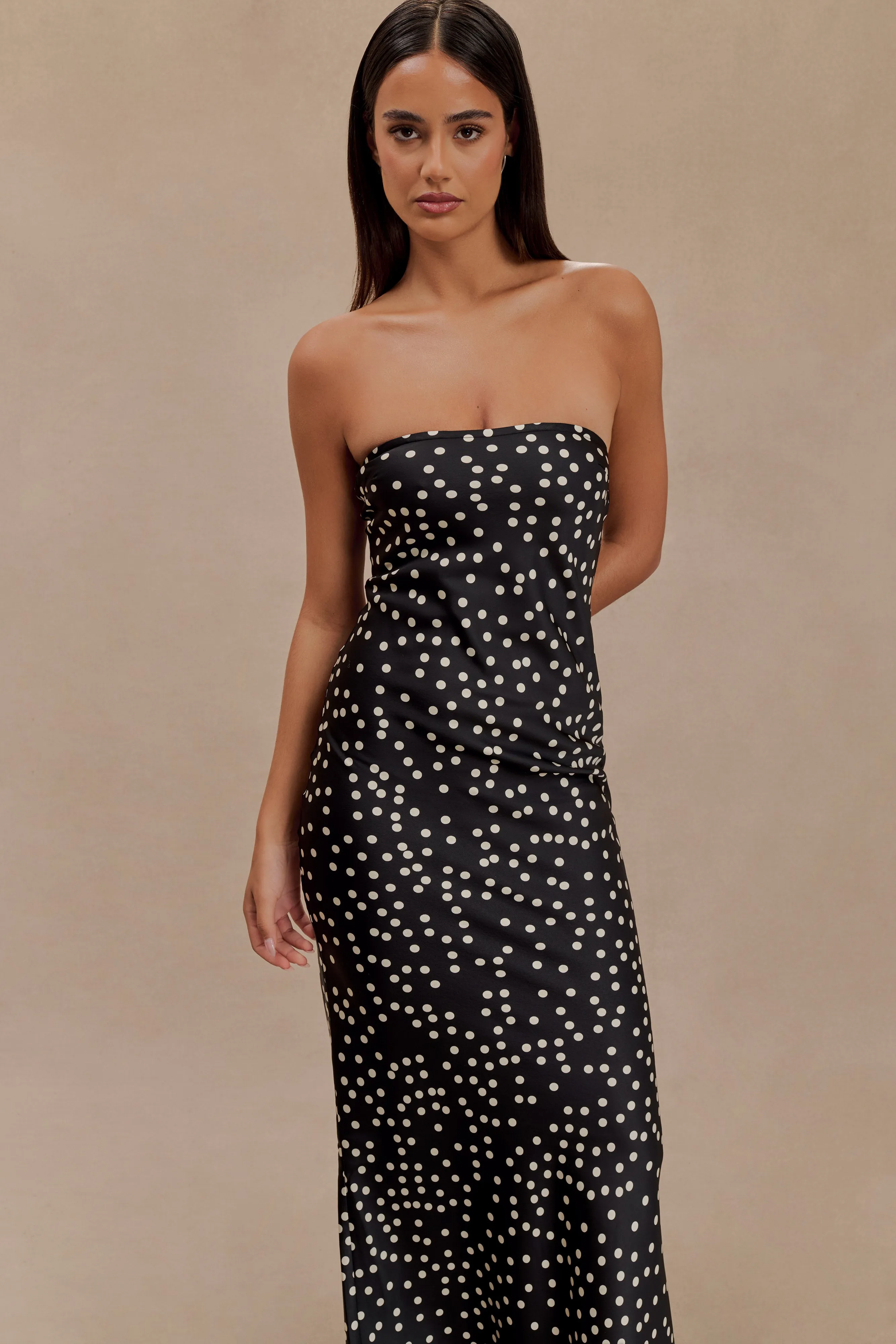 Claudette Strapless Satin Maxi Dress - Black Polka Dot Print sold by Meshki product image thumbnail 4