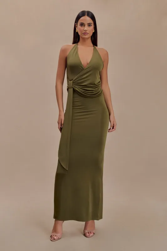 Tyla Draped Slinky Halter Maxi Dress - Dark Olive sold by Meshki