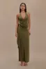 Tyla Draped Slinky Halter Maxi Dress - Dark Olive sold by Meshki